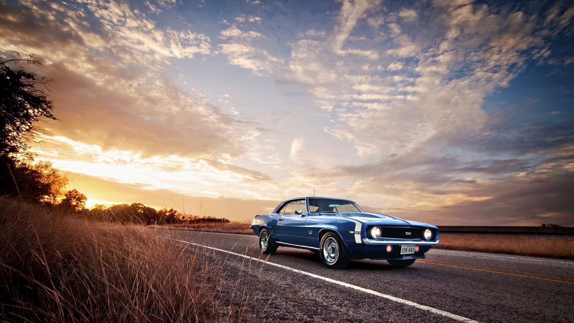 sunset, cloud - sky, orange color, sky, muscle cars, mode of transportation, landscape, blue, 1080P, road, land vehicle, land, car, scenics - nature, sports car, HD Wallpaper