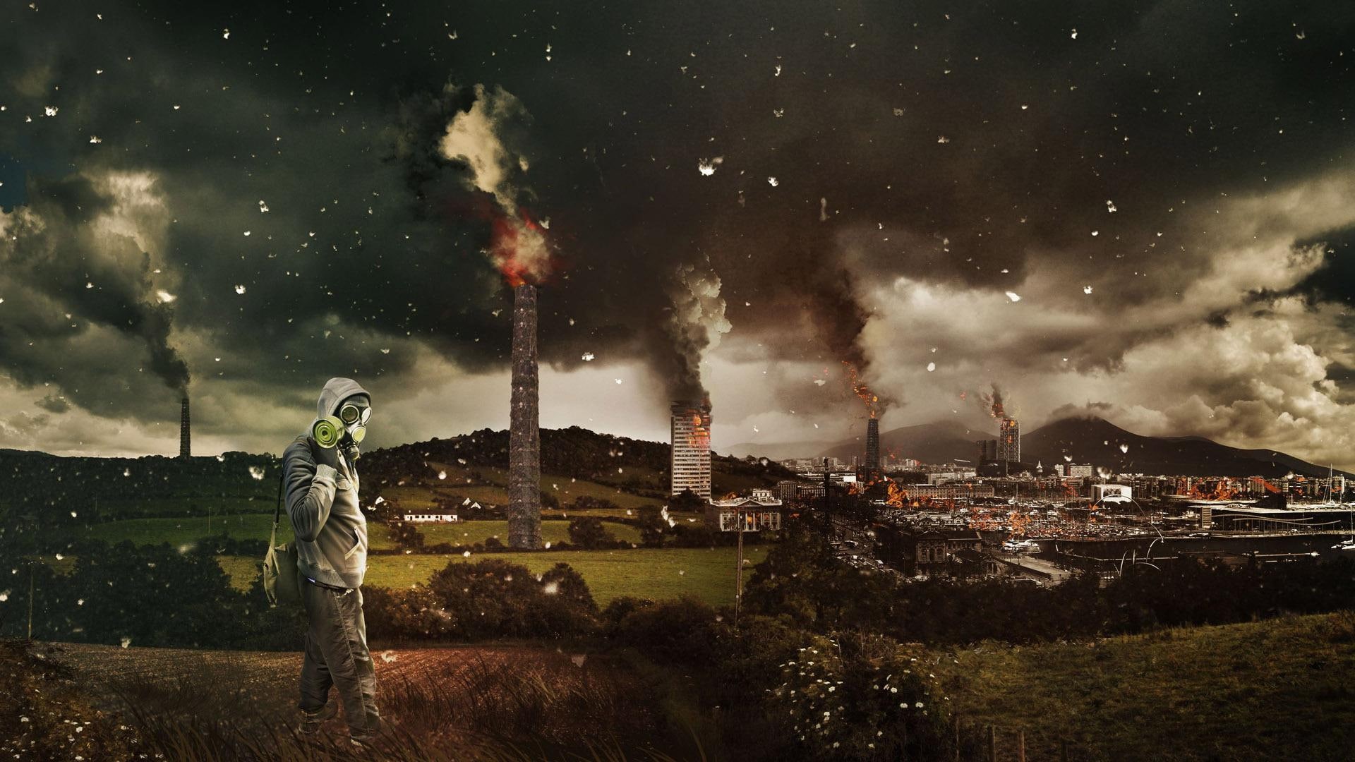 fantasy, suit, fire, 1920x1080, gas, burning, mask, gray, 1080P, building, smoke, city, HD Wallpaper