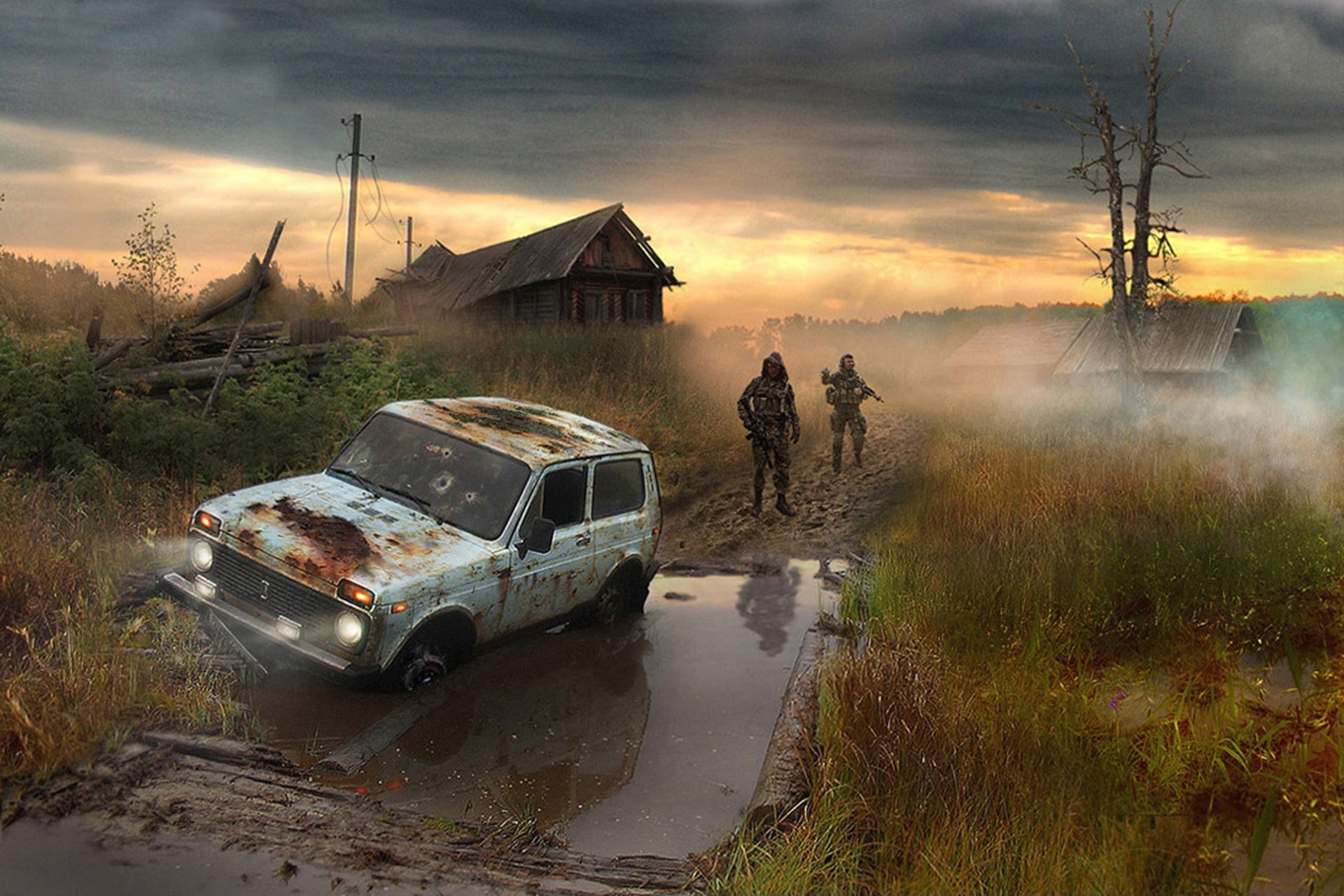 environment, village, retro Styled, dirt Road, people, abandoned, suit, road, s, autumn, old-fashioned, 4x4, dusk, summer, driving, soldiers, adventure, HD Wallpaper