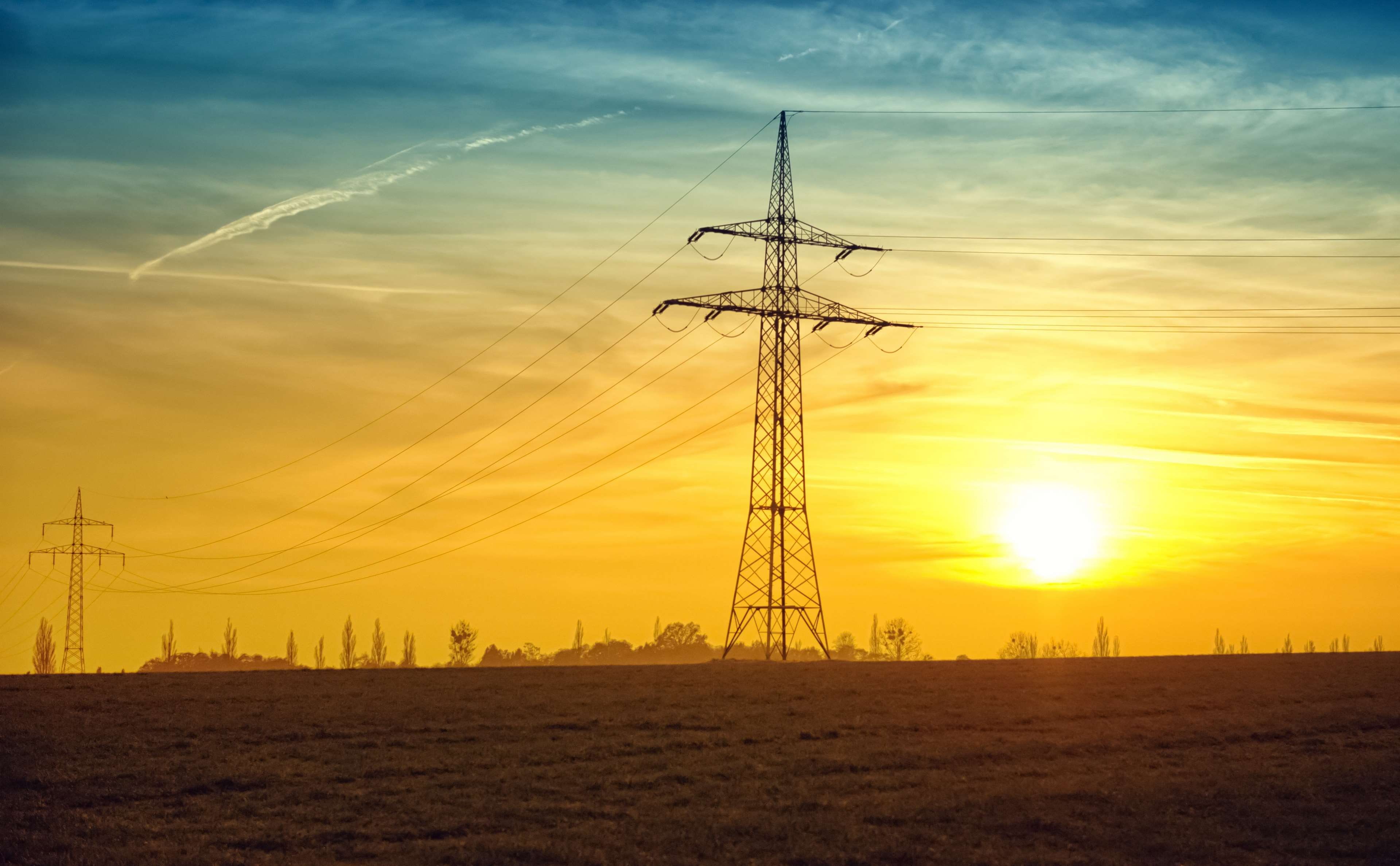 power line, environment, power supply, evening sky, electrical equipment, electricity, dusk, silhouette, cloud - sky, cable, 4K, land, evening sun, landscape, HD Wallpaper