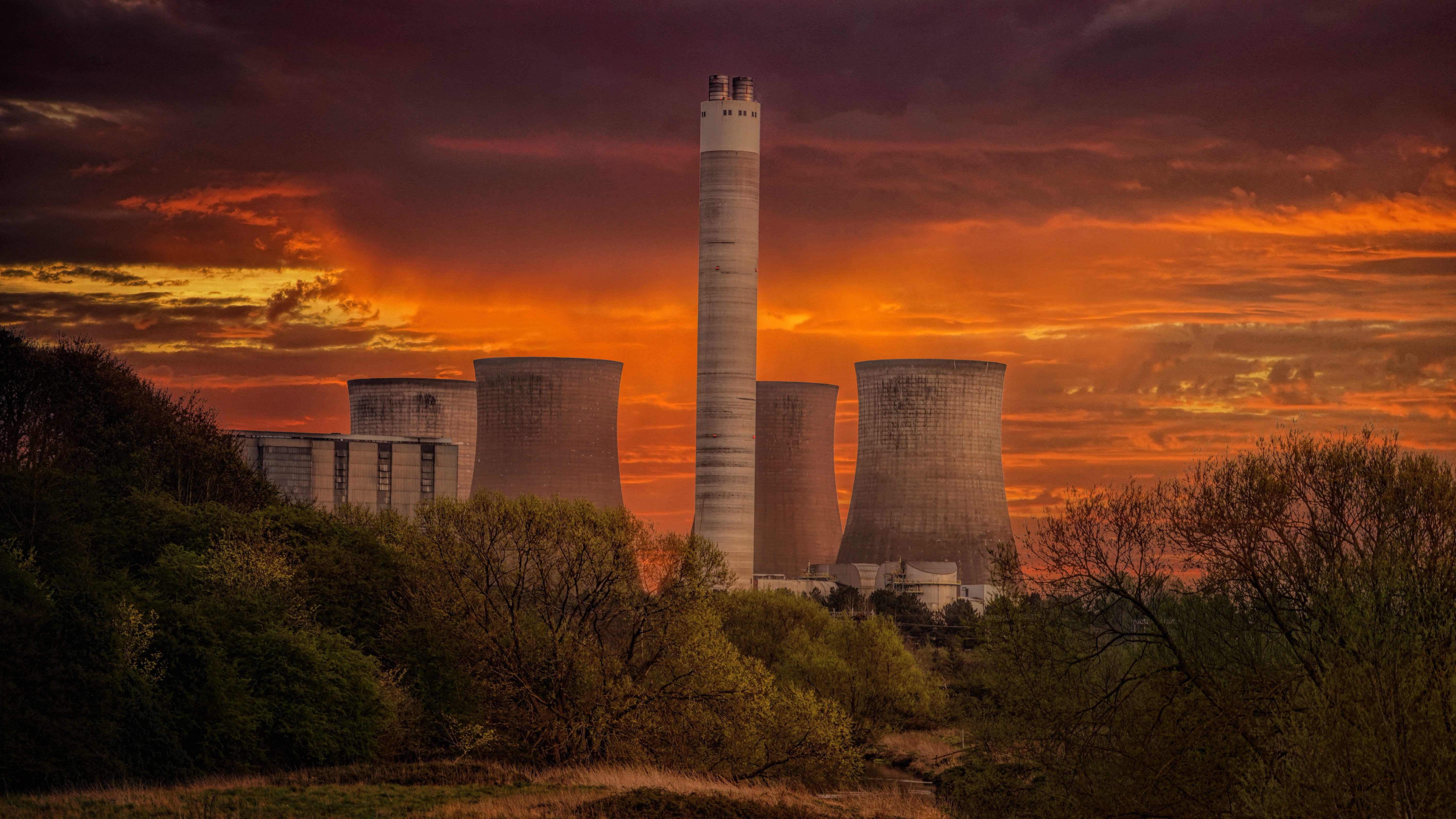 plant, power plant, factory, clouds, river, outdoors, orange color, 5K, no people, fuel and power generation, chimney, nature, air pollution, cooling tower, HD Wallpaper