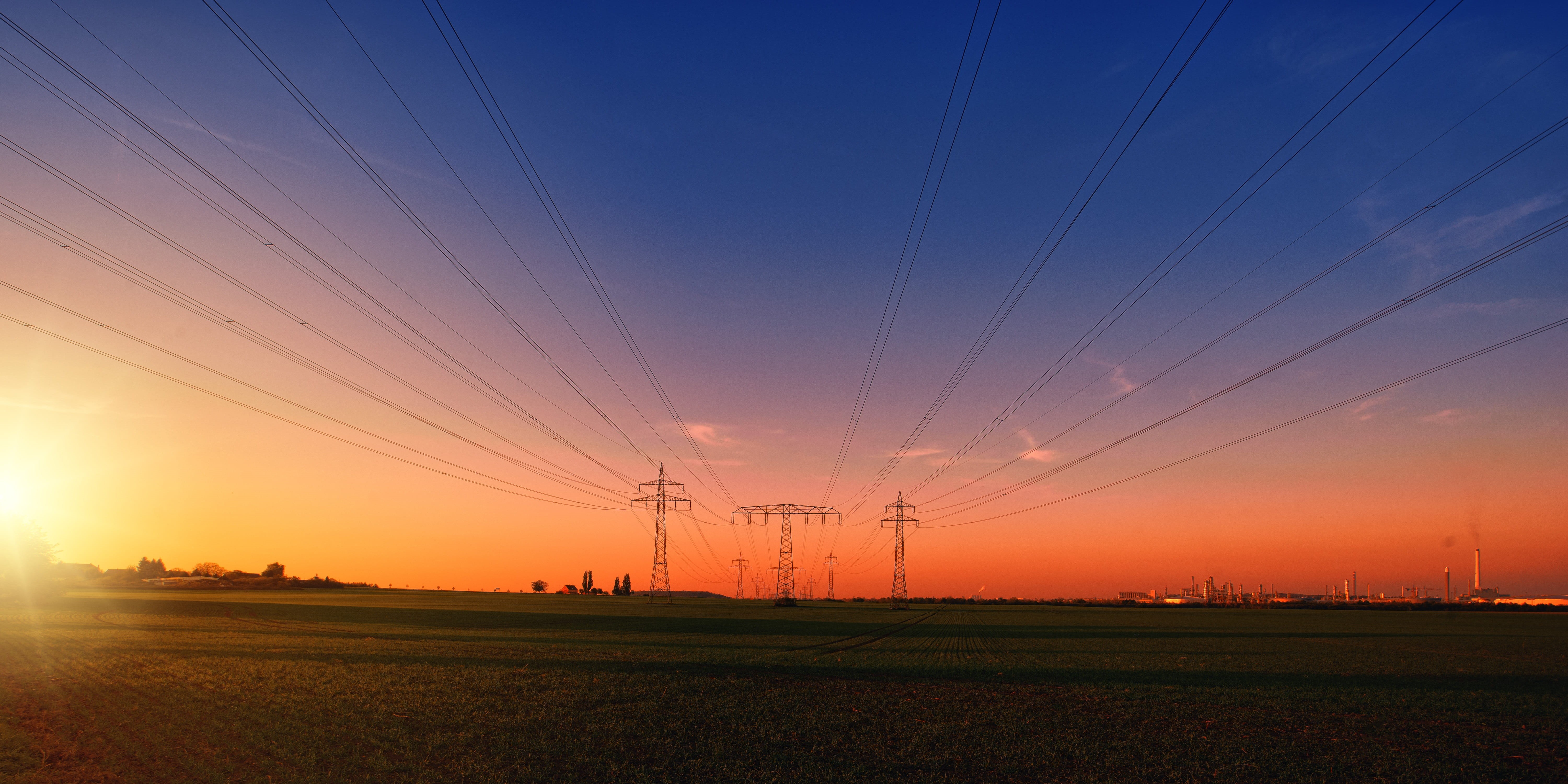 cable, leuna, sunset, reinforce, high voltage, electricity pylon, pylon, energy, power lines, twilight, cloud - sky, electric, industry, landscape, street, HD Wallpaper