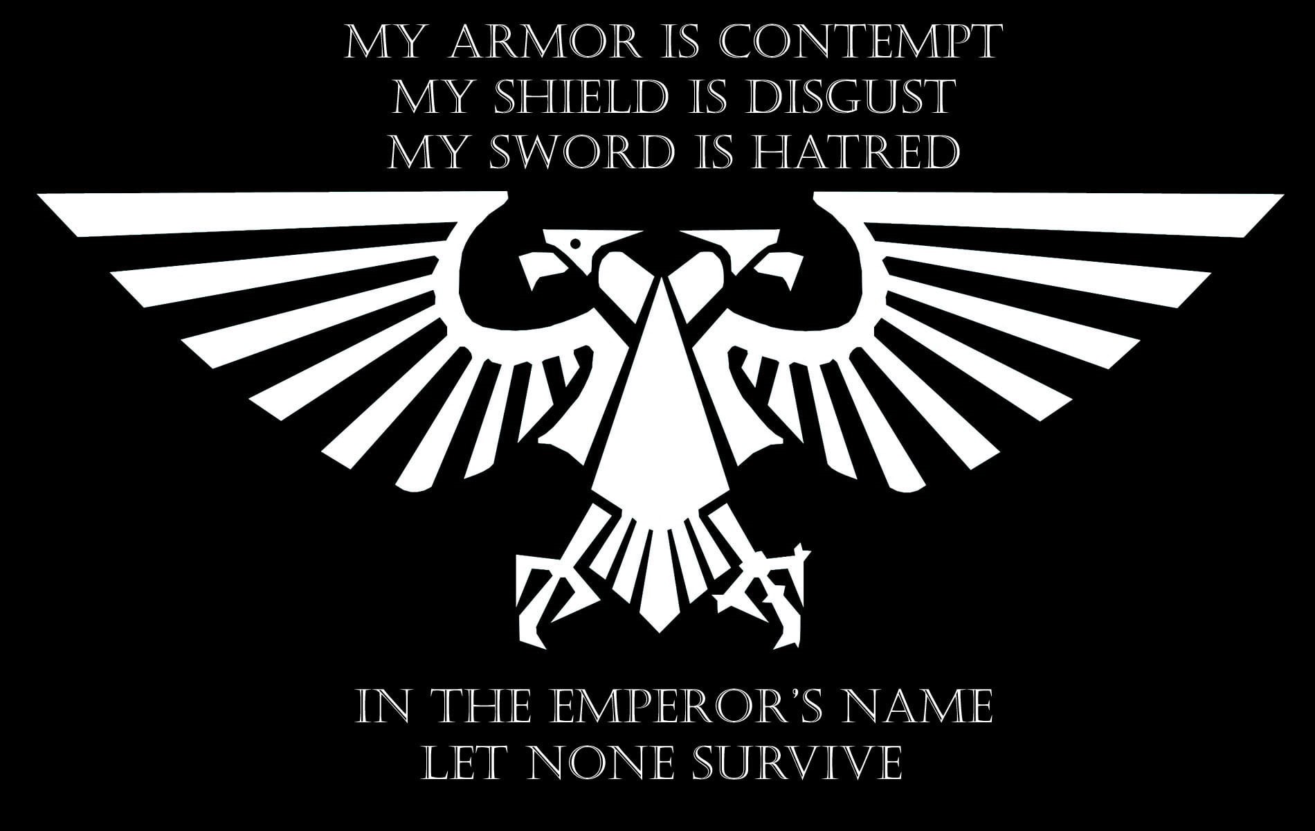 indoors, monochrome, background, text, black background, close-up, sign, script, Warhammer 40,000, quote, western script, architecture, capital letter, HD Wallpaper