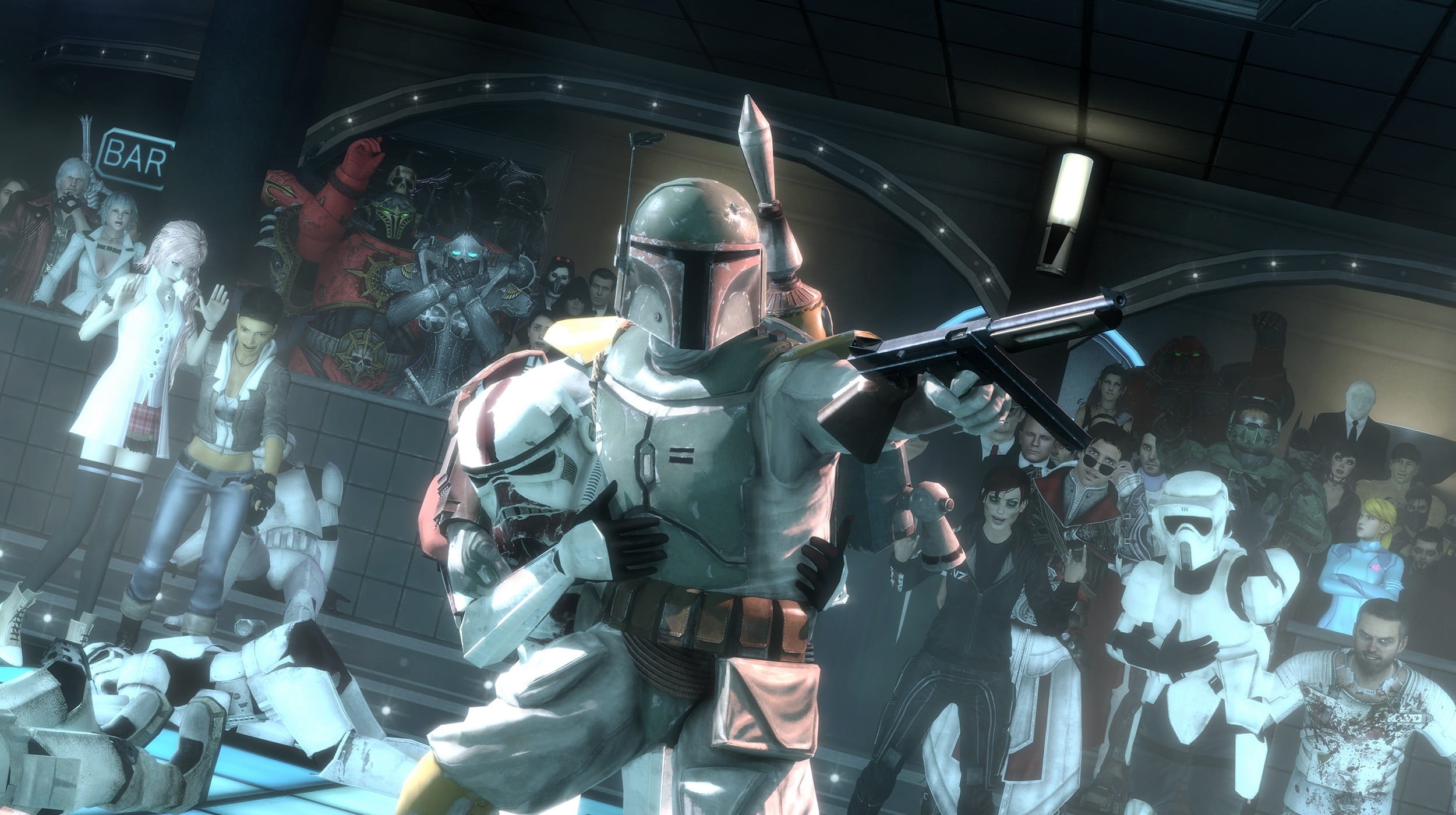fett, video games, army, military, digital art, protection, people, real people, human representation, illuminated, clothing, bobba, glass - material, weapon, HD Wallpaper