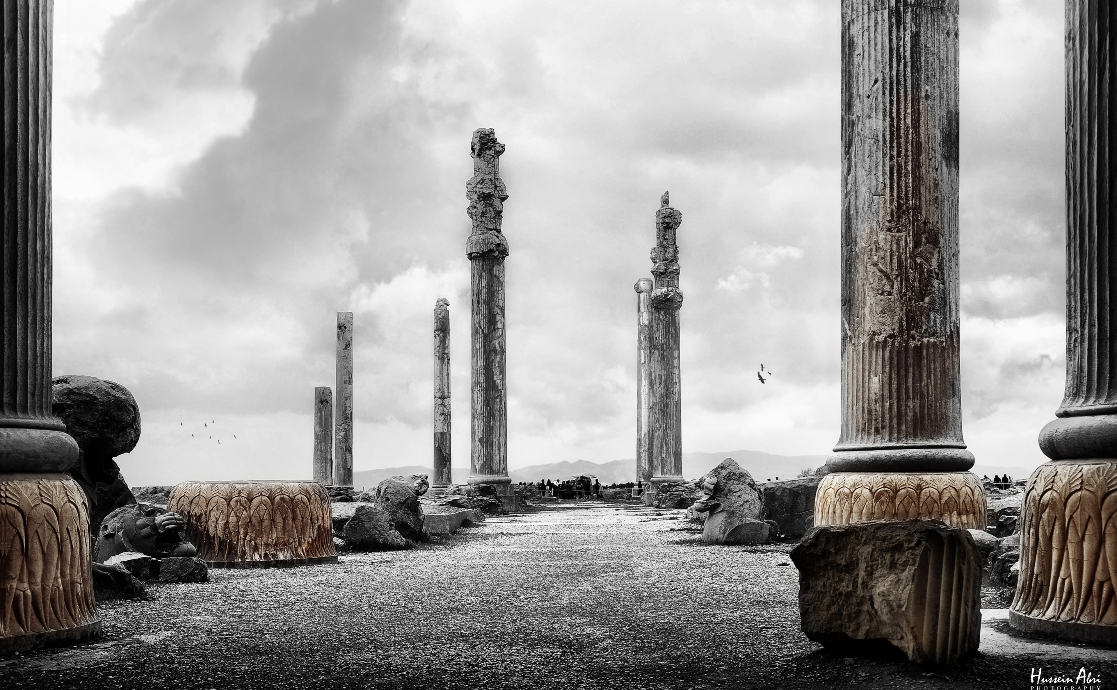solid, ancient, building exterior, ancient civilization, gray, plant, outdoors, colonnade, travel destinations, post, sky, nature, hd, Black and White, HD Wallpaper