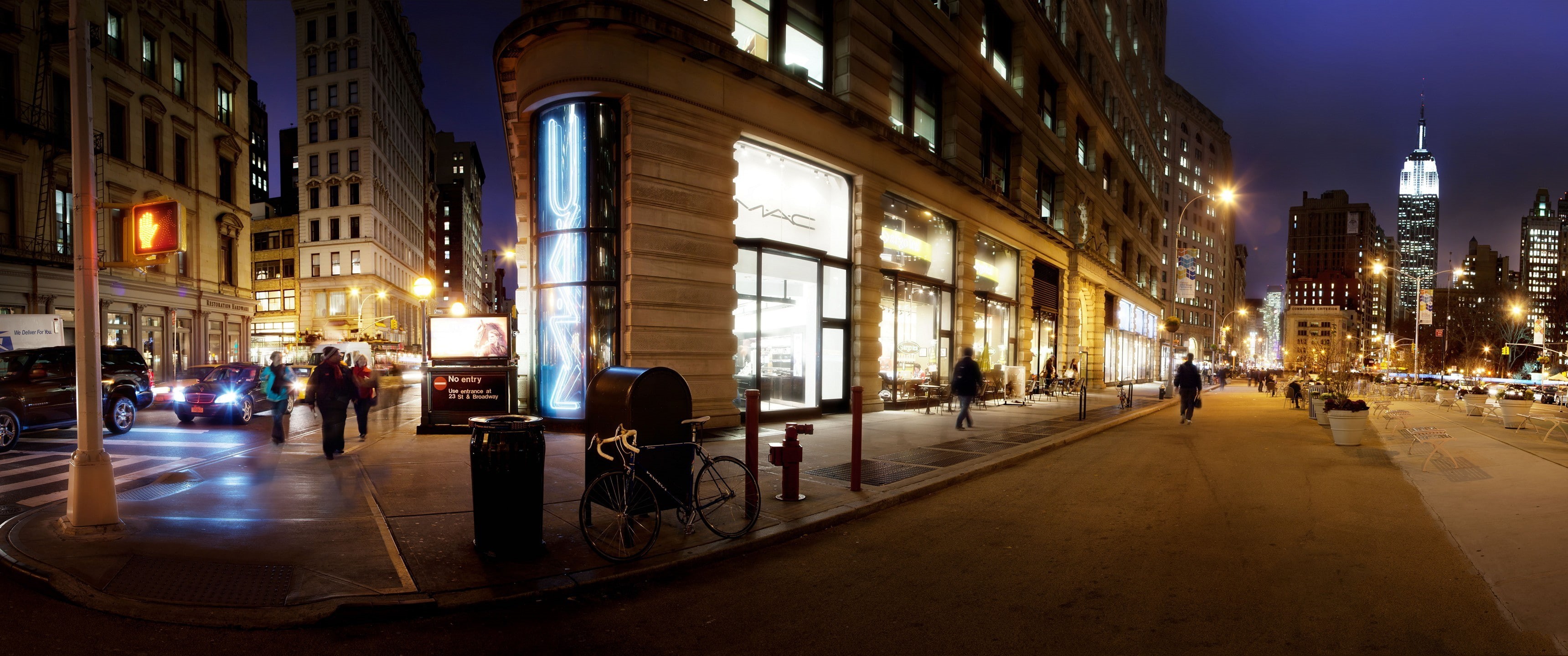 people, city, ultrawide, street, night, New York City, 2K, Manhattan, HD Wallpaper