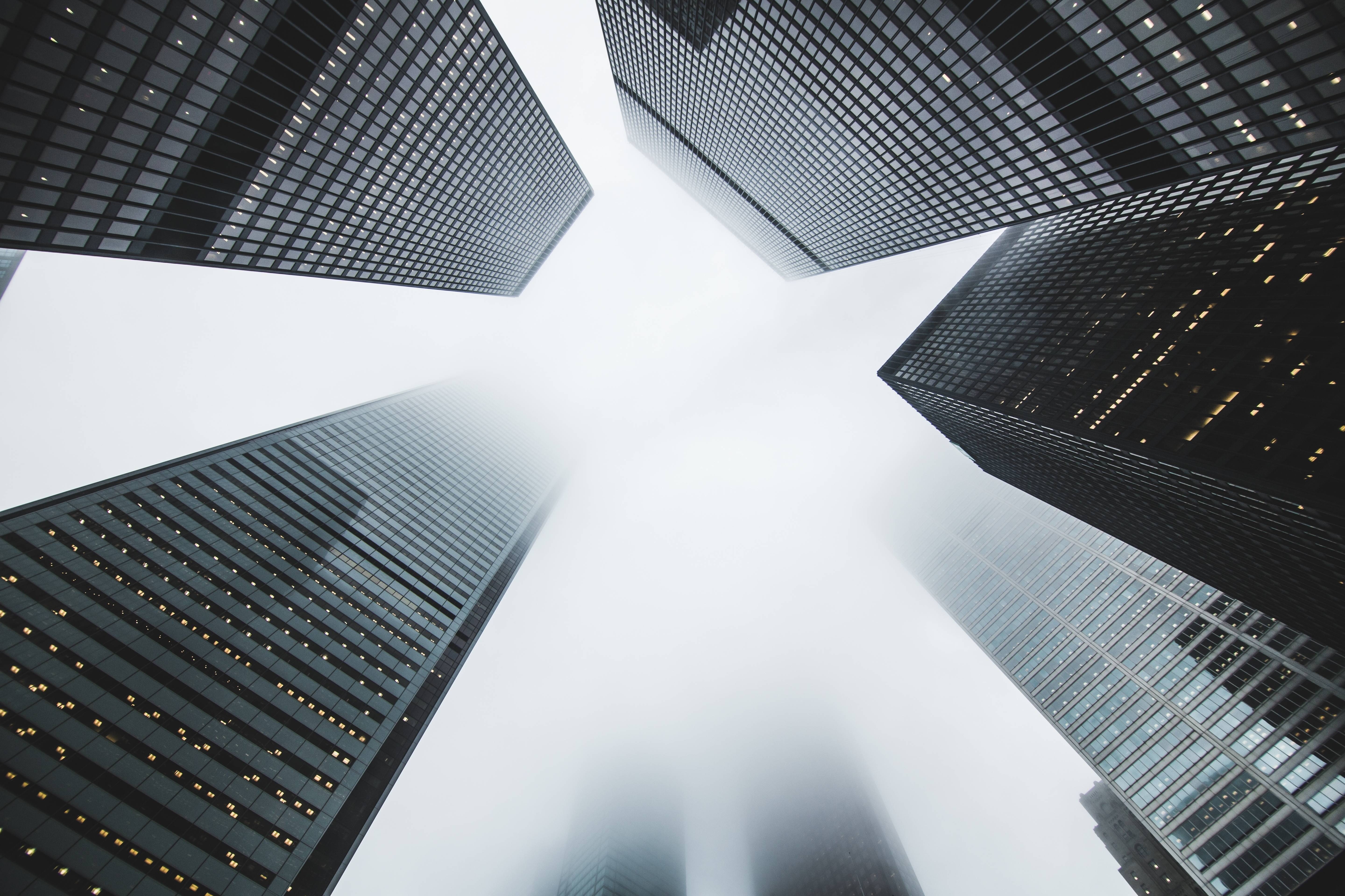 skyscrapers, sky, up, buildings, cityscape, high, tall, 5K, HD Wallpaper