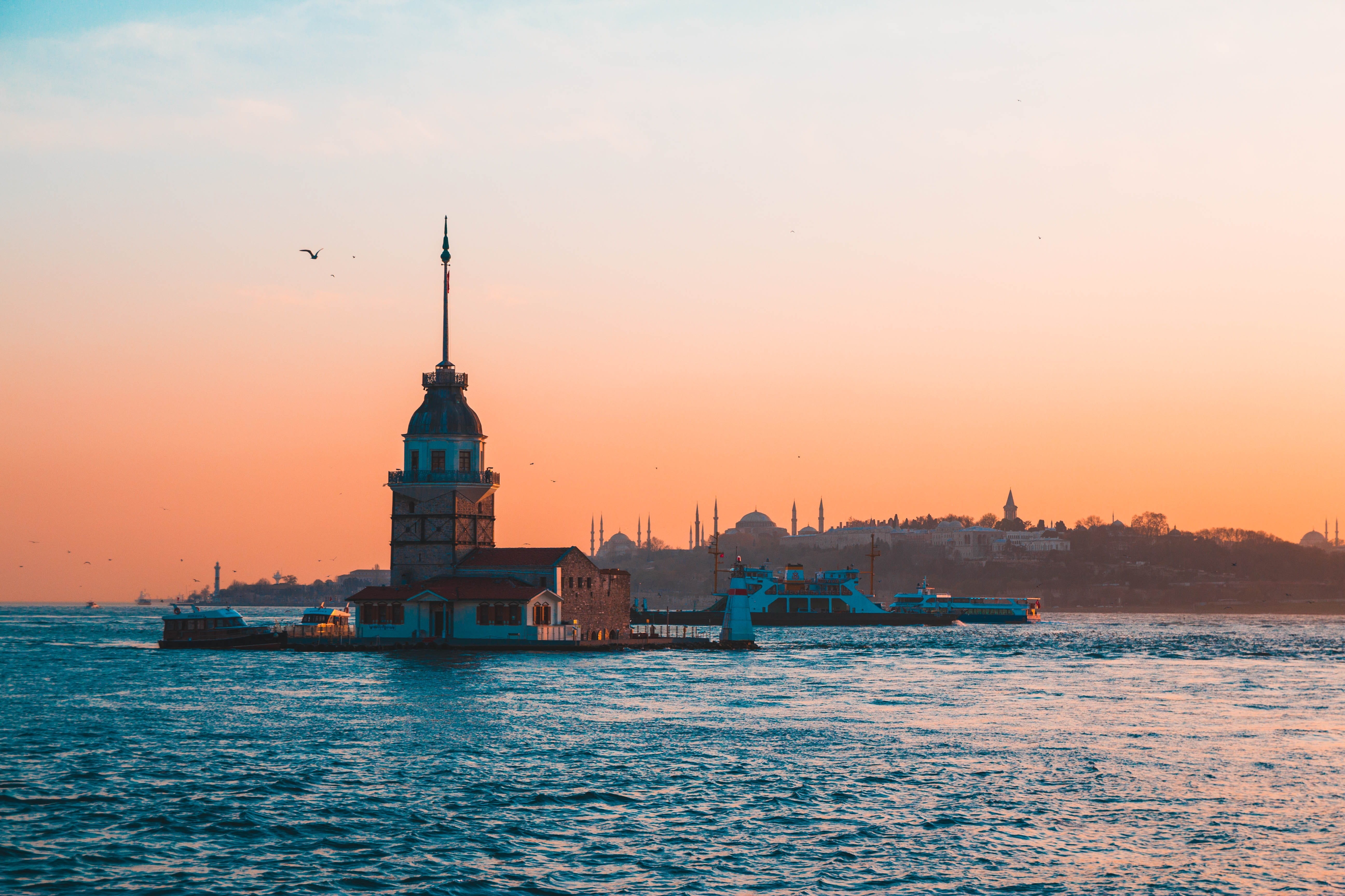 peace, place of worship, uskudar, tower, built structure, travel, blue, kizkulesi, waterfront, city, sky, 5K, no people, building exterior, ship, outdoors, HD Wallpaper
