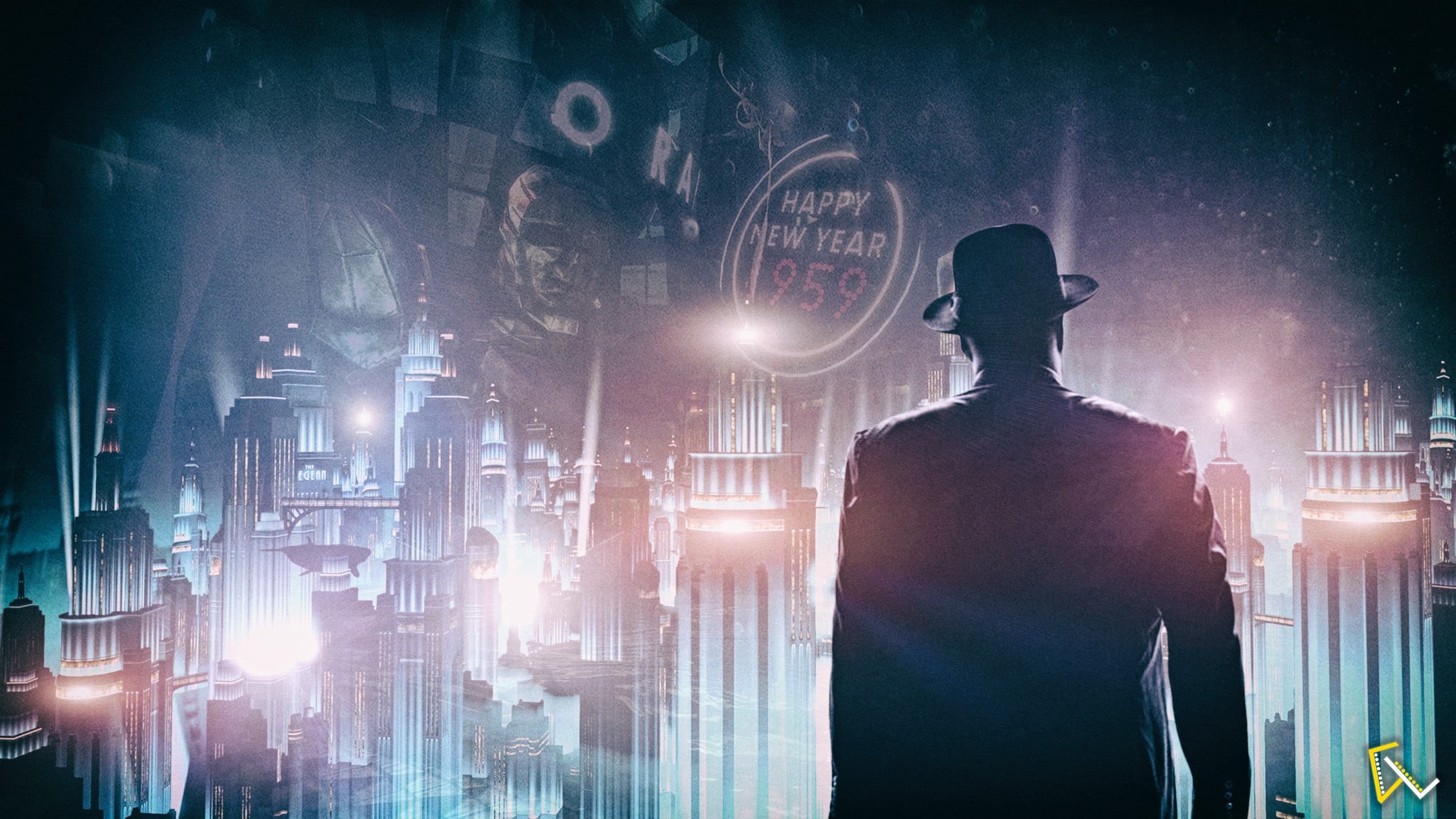 video games, multiple exposure, suit, front, young men, night, digital art, sea, building exterior, city, graphics, BioShock Infinite: Burial at Sea, lifestyles, HD Wallpaper