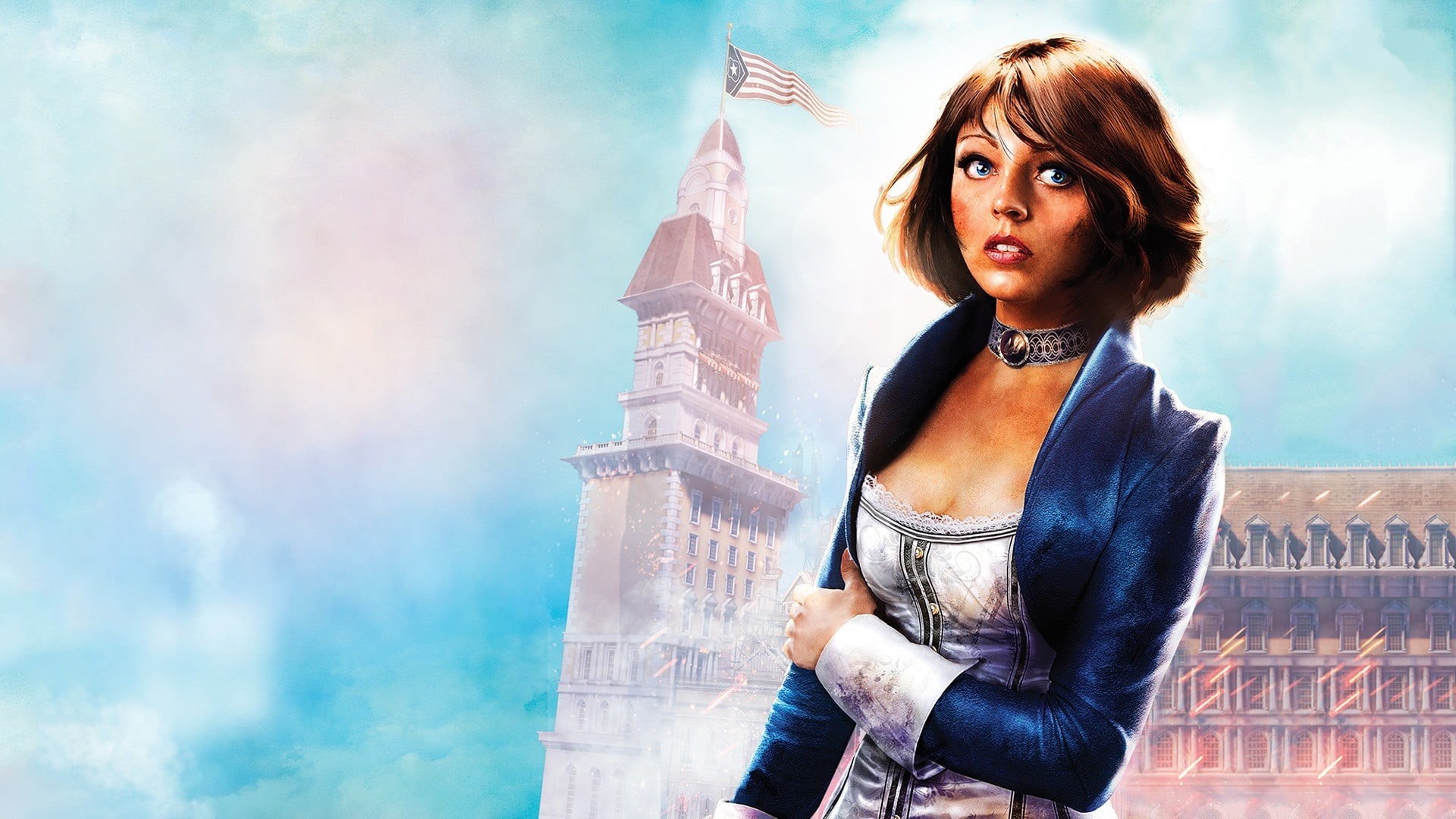 1080P, Colombia, sky, building, young adult, looking at camera, cloud - sky, BioShock Infinite, built structure, city, BioShock, video games, adult, building exterior, HD Wallpaper