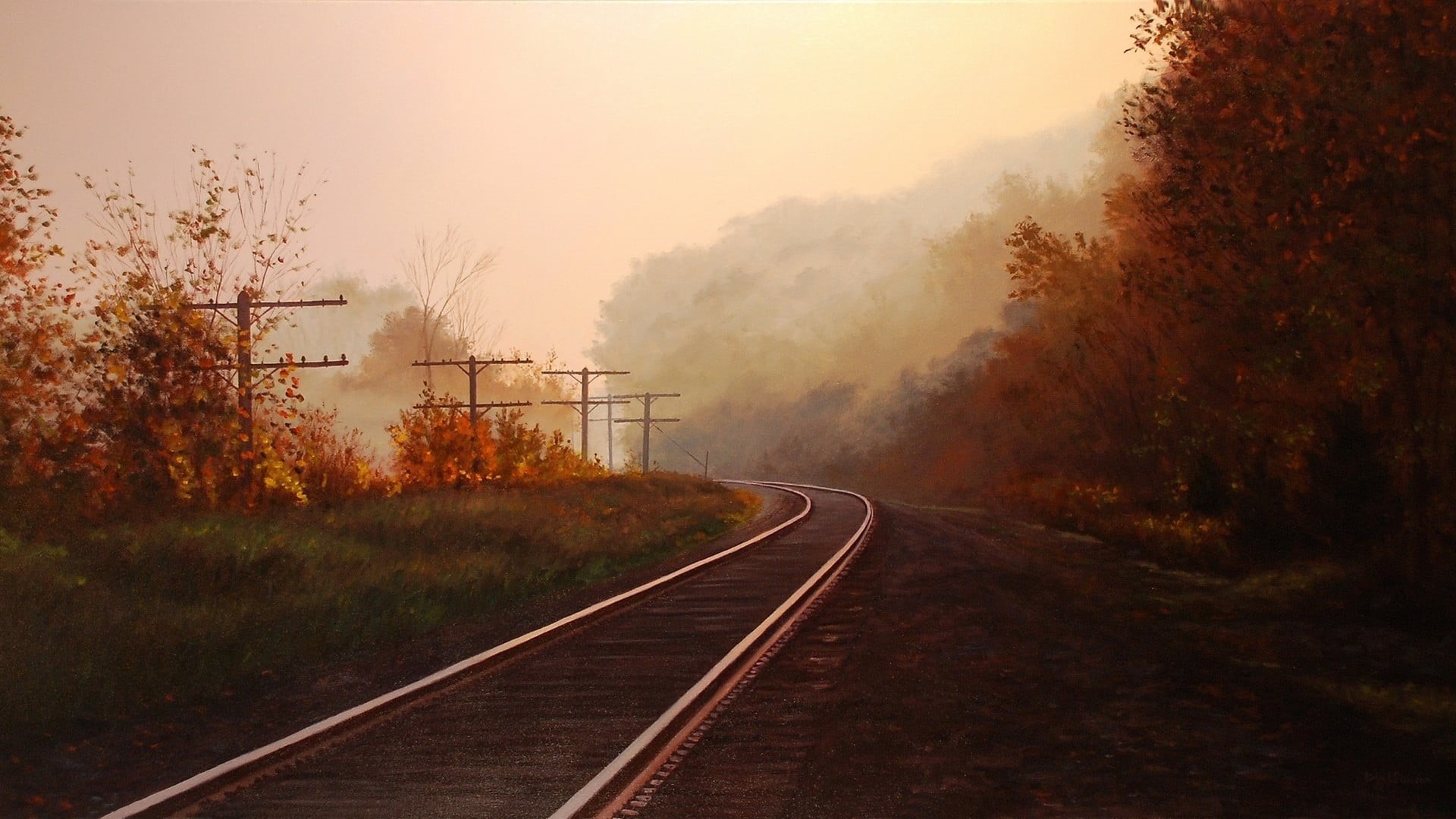railroad track, non-urban scene, traditional art, diminishing perspective, direction, fall, painting, scenics - nature, plant, no people, sky, fog, outdoors, HD Wallpaper
