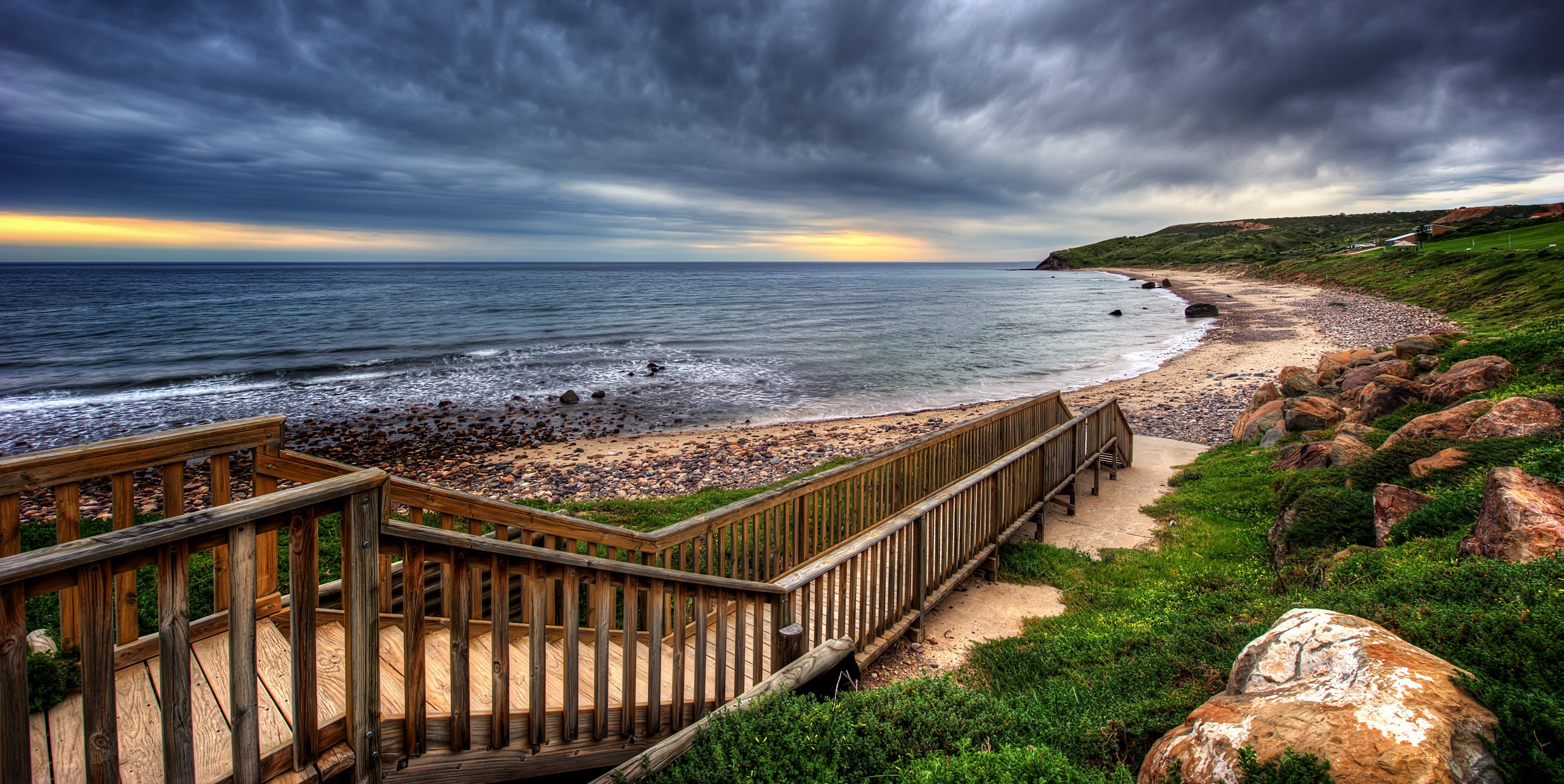 no people, railing, stones, sea, sunset, tranquil scene, HDR, coast, high angle view, clouds, nature, horizon, beach, sky, horizon over water, wooden, scenics - nature, HD Wallpaper