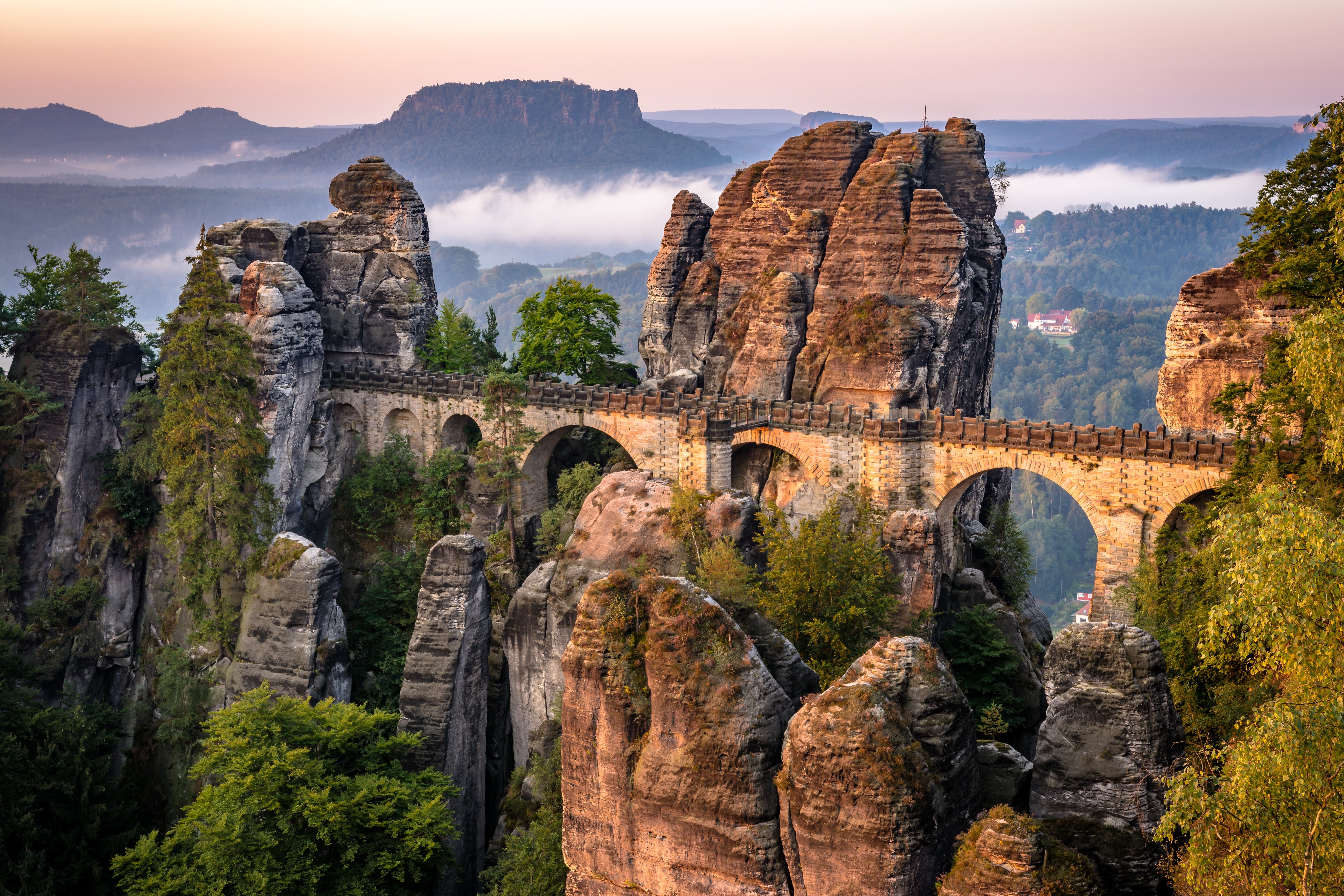 Bastei, mountains, aerial shot, scenics, famous Place, mountain, shot, nature, outdoors, Elbsandsteingebirge, sunrise, train, 5K, aerial, landscape, history, HD Wallpaper