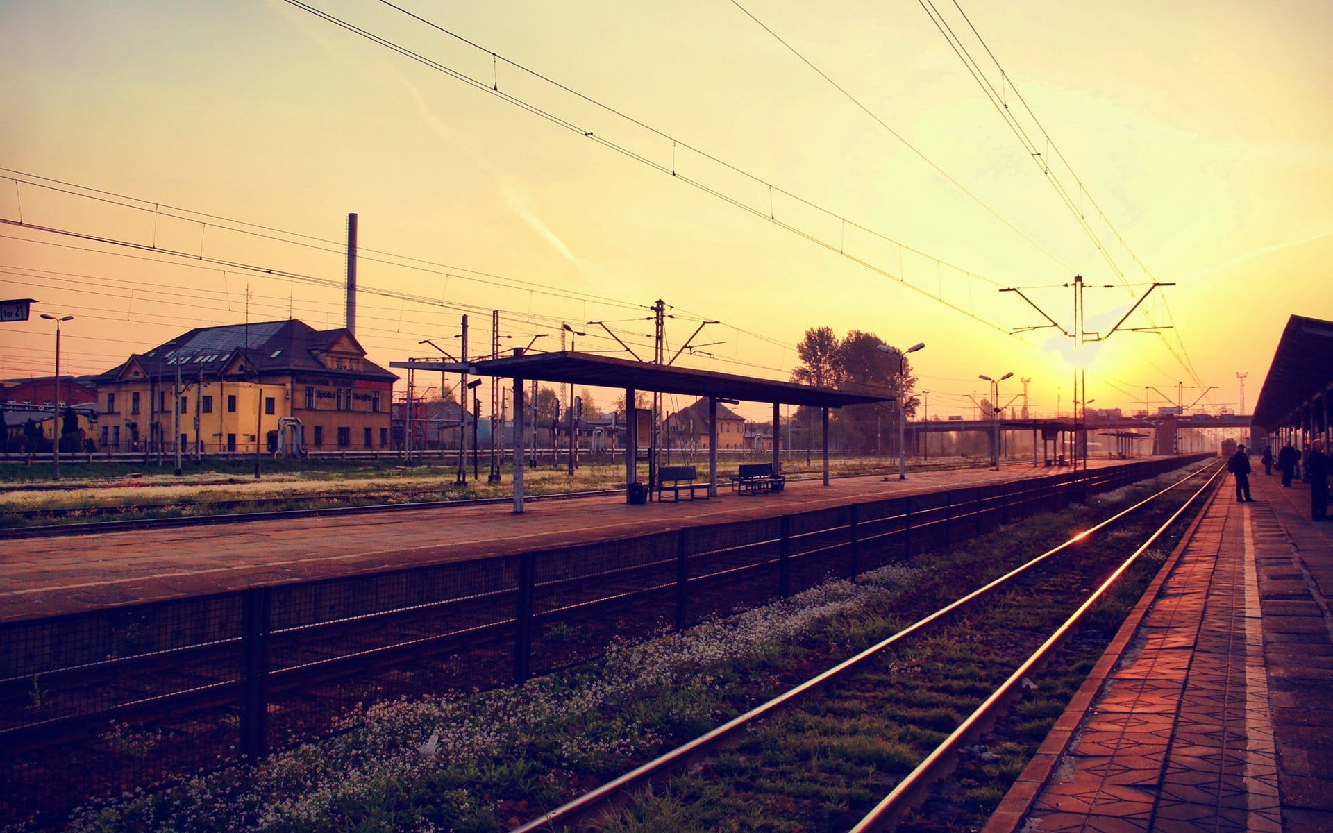 electricity pylon, nature, railway station, sunlight, travel, train, built structure, cable, sunset, railroad track, rails, electricity, railroad station platform, HD Wallpaper