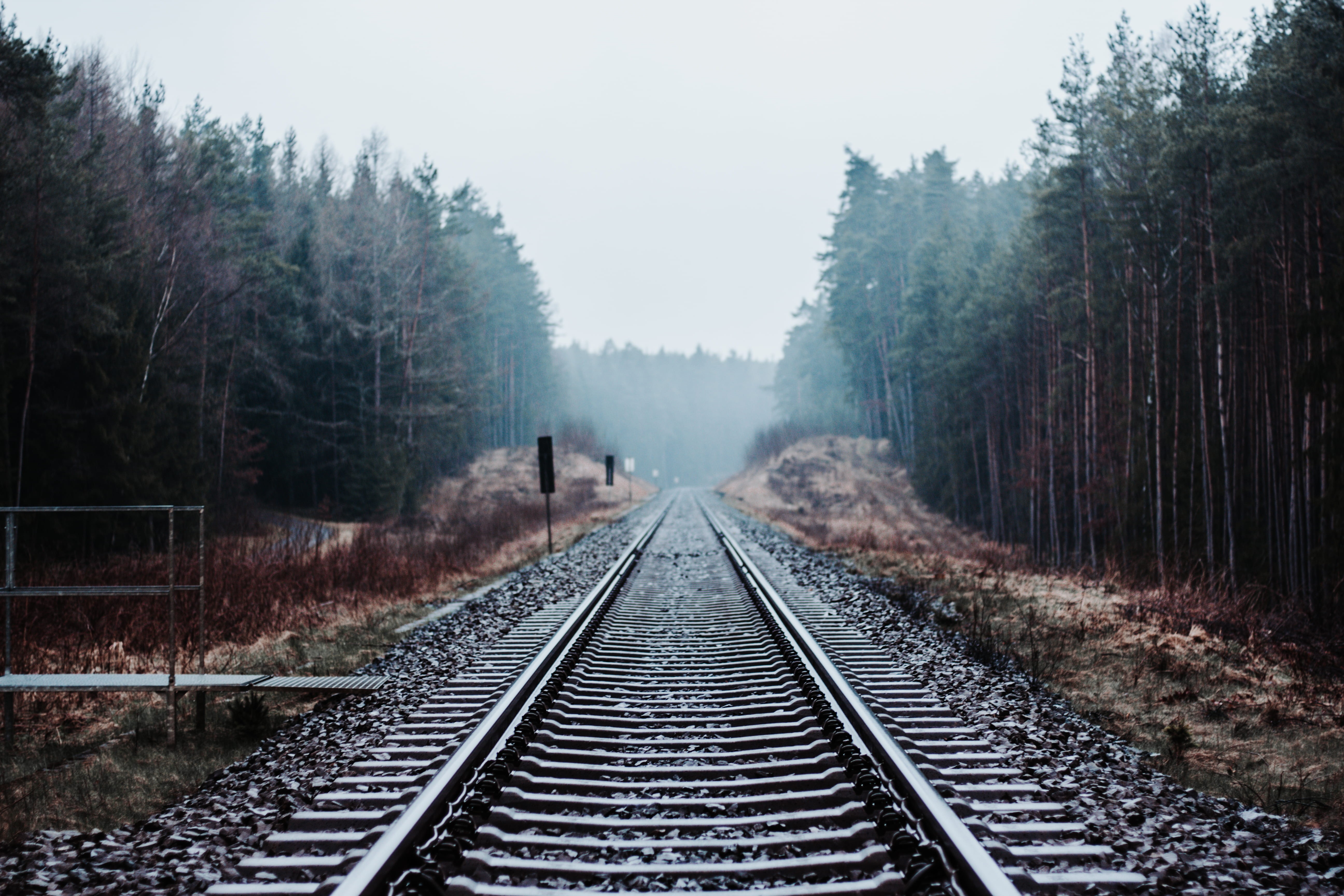 traurig, mood, transportation, direction, nature, railroad track, deep, sky, train, tree, diminishing perspective, forest, moody, 5K, railway, fog, track, HD Wallpaper