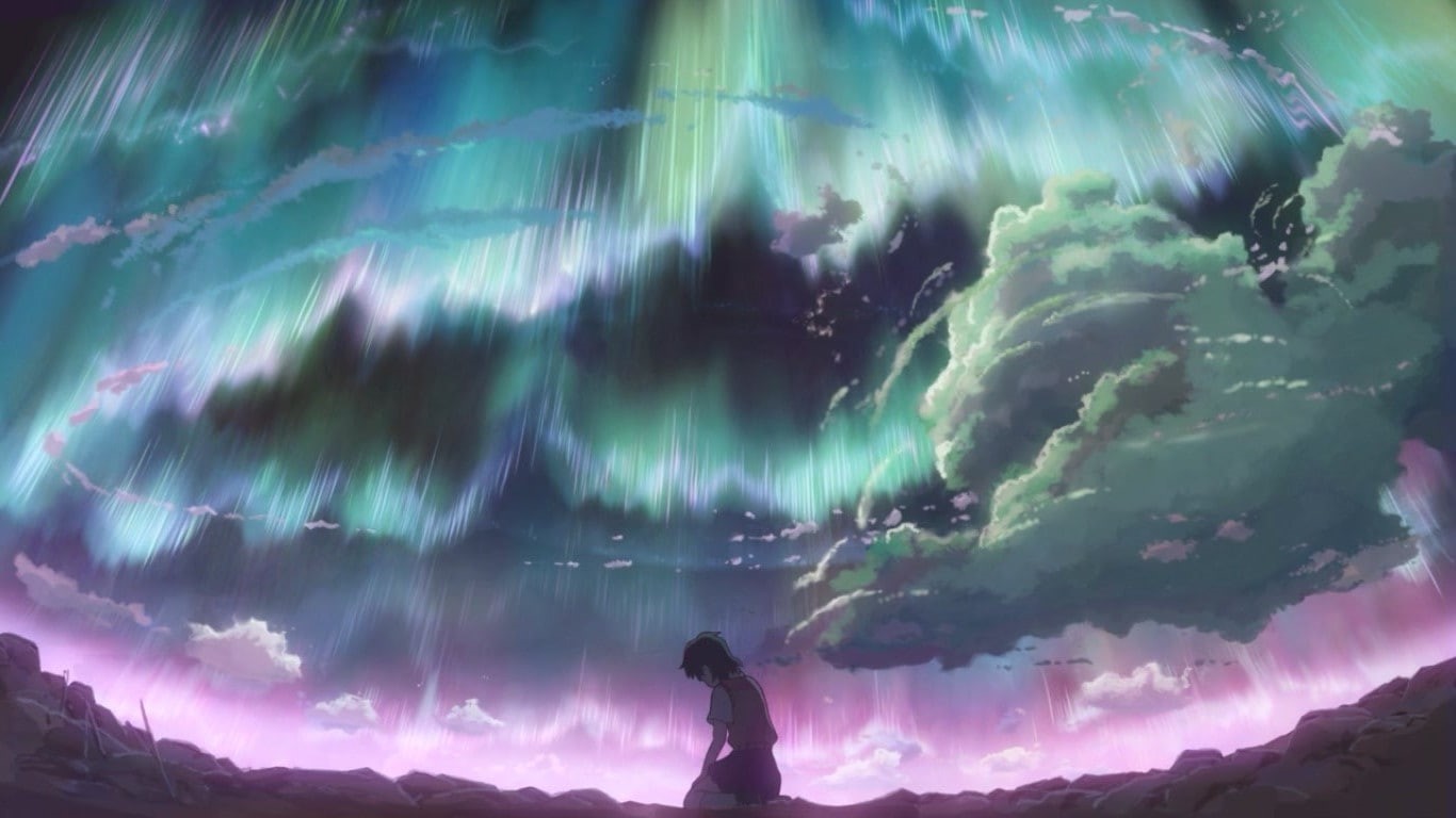 lifestyles, silhouette, Makoto Shinkai, rear view, Children Who Chase Lost Voices, sky, cloud - sky, mountain, night, nature, motion, scenics - nature, HD Wallpaper