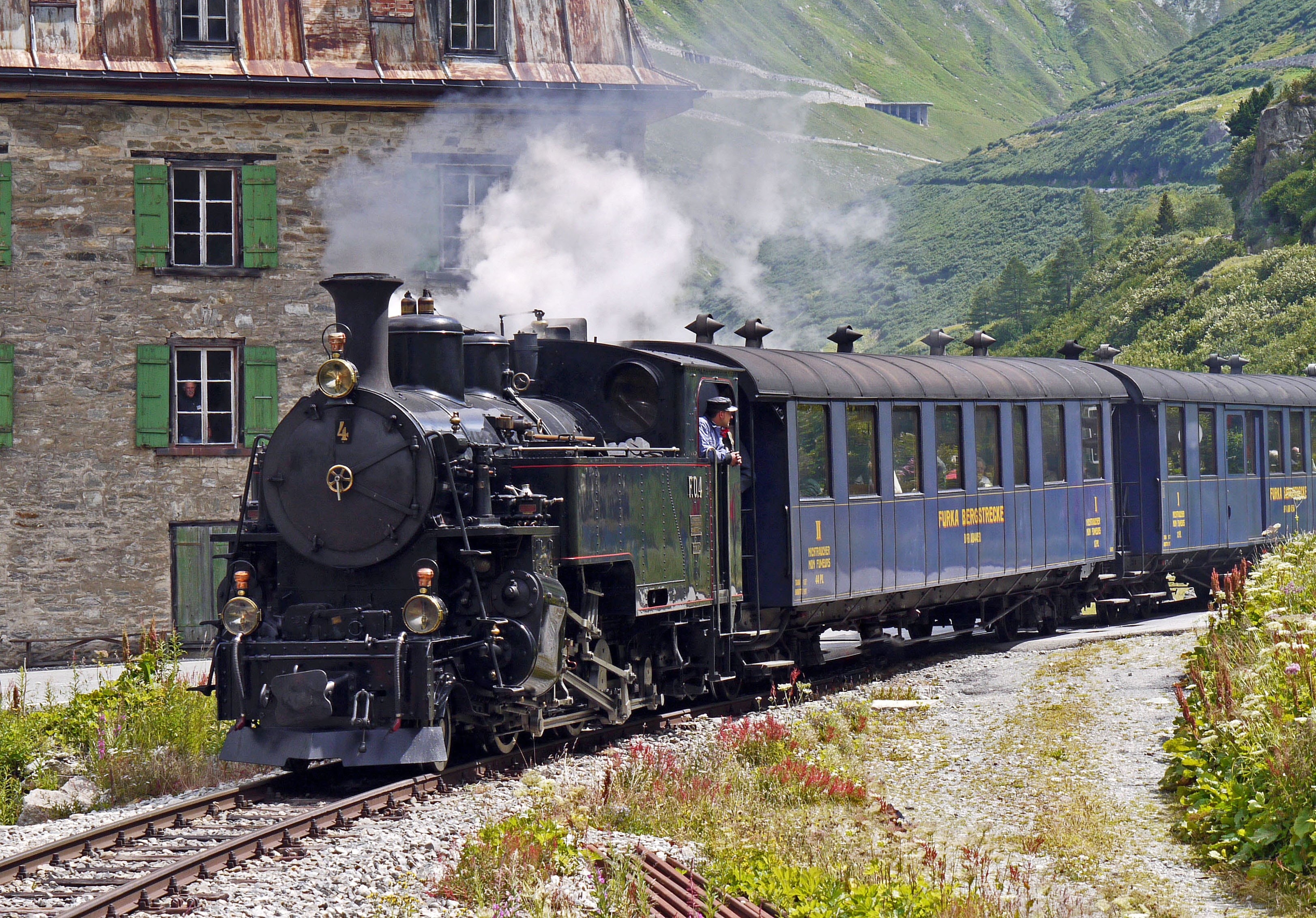 valais, entrance gletsch, house, dfb, land vehicle, furka pass, track, engine, meter track, no people, black, steam locomotive, nostalgia, day, nature, HD Wallpaper