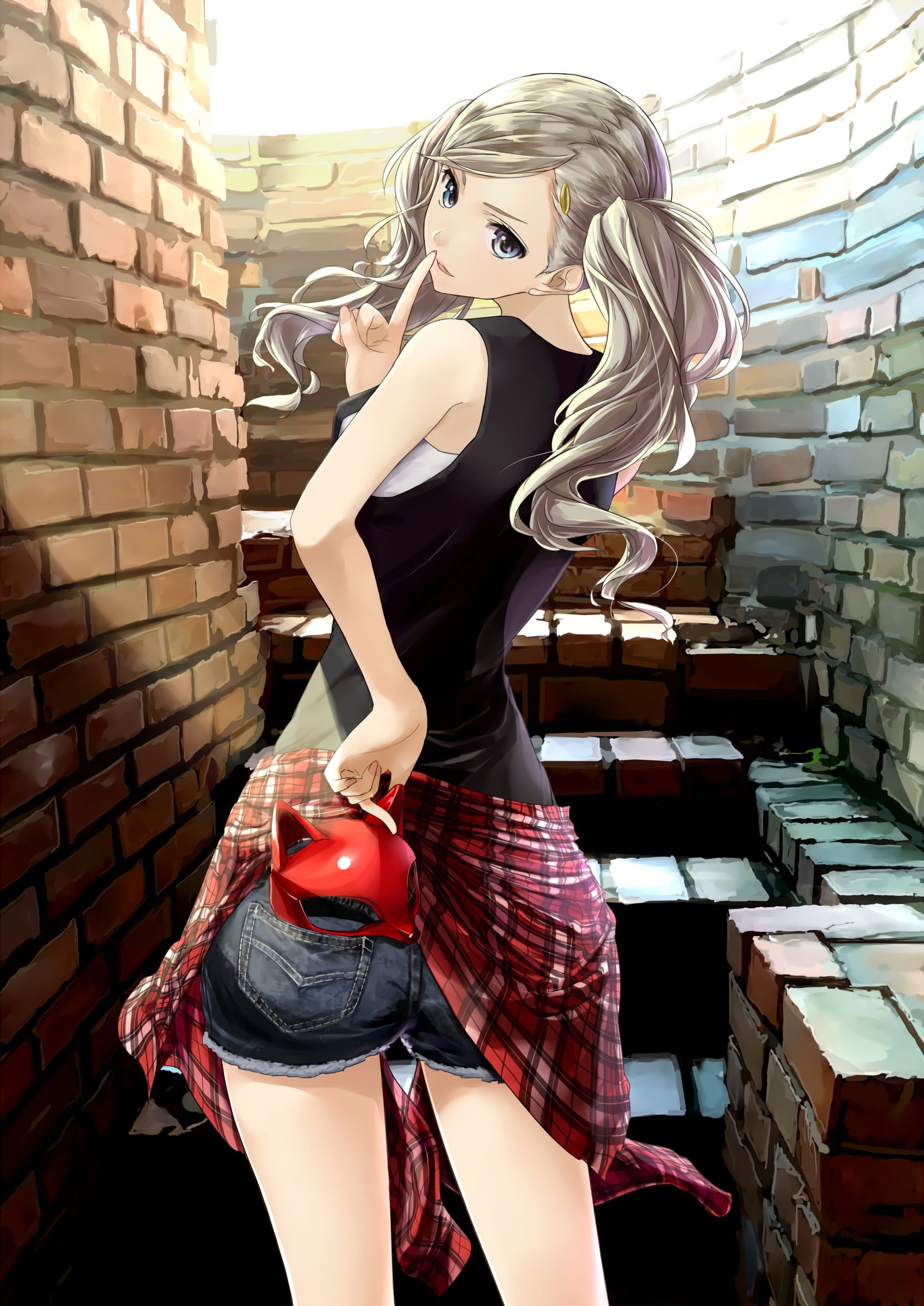 fashion, young adult, long hair, anime girls, real people, blue eyes, anime, hairstyle, brick, wall, three quarter length, young women, hair, gray hair, Phone HD Wallpaper