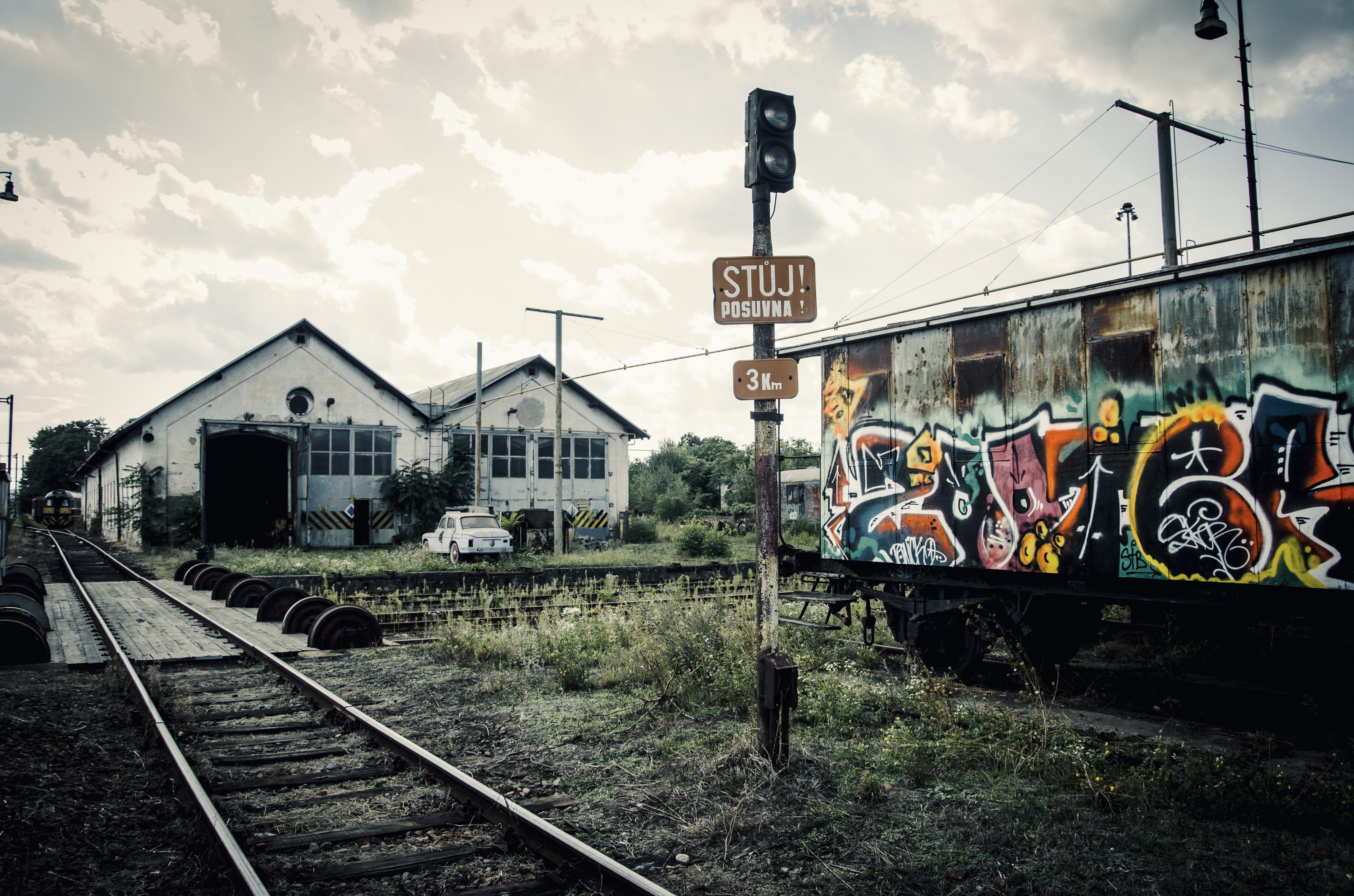 transportation, sky, land vehicle, muted, train - vehicle, railroad track, track, architecture, Czech Republic, rail yard, outdoors, rail transportation, HD Wallpaper