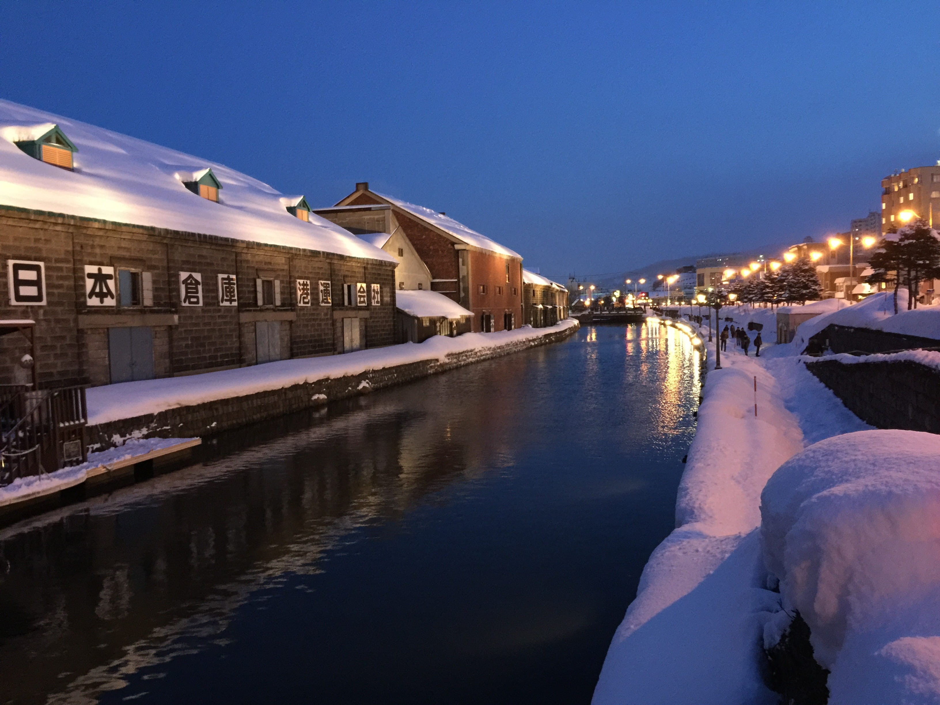 Snow, Canal, reflection, train - vehicle, covered, street, 2K, houses, dusk, sky, waterfront, Otaru, Japan, nature, transportation, illuminated, built structure, HD Wallpaper