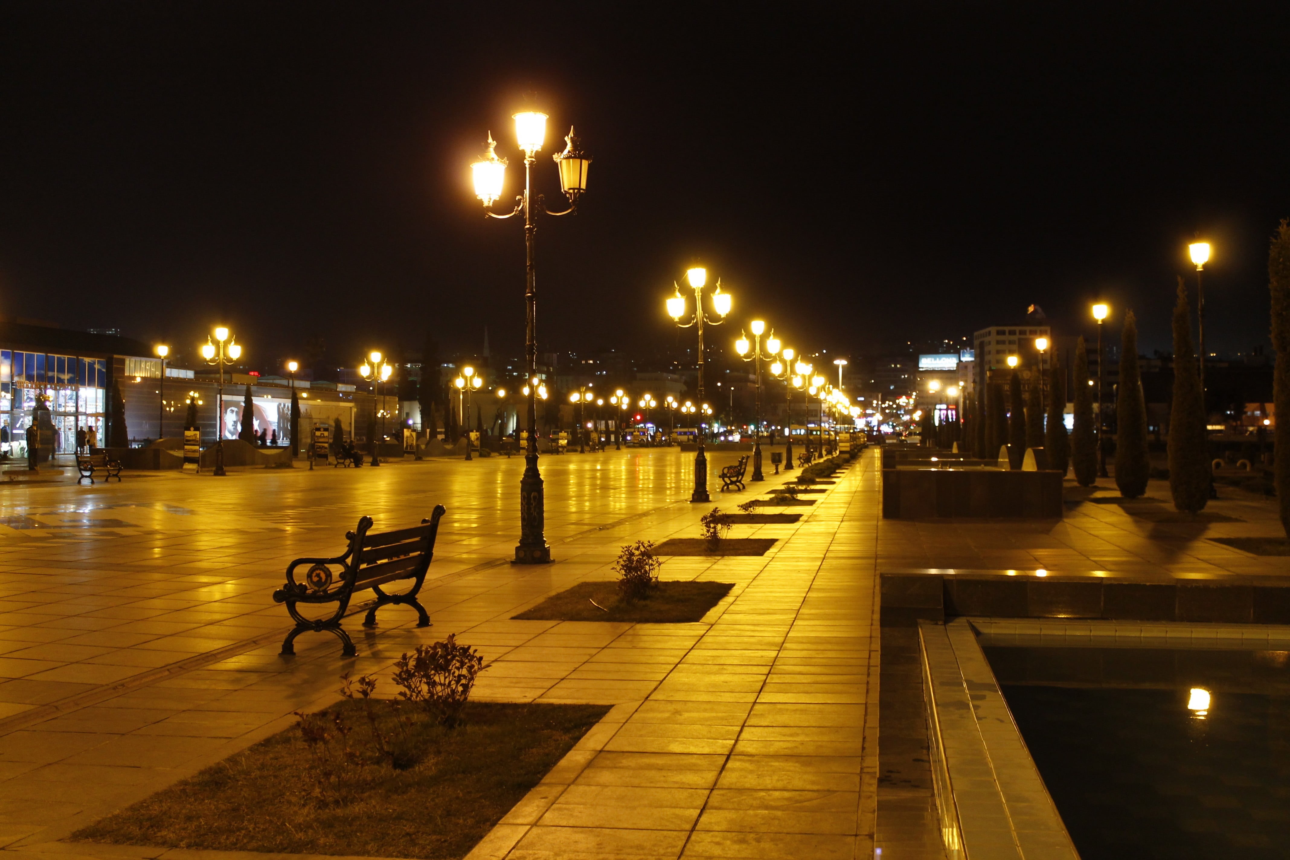 metal, lights, nature, no people, bench, cityscape, light, built structure, street, outdoors, illuminated, transportation, mode of transportation, lighting equipment, HD Wallpaper