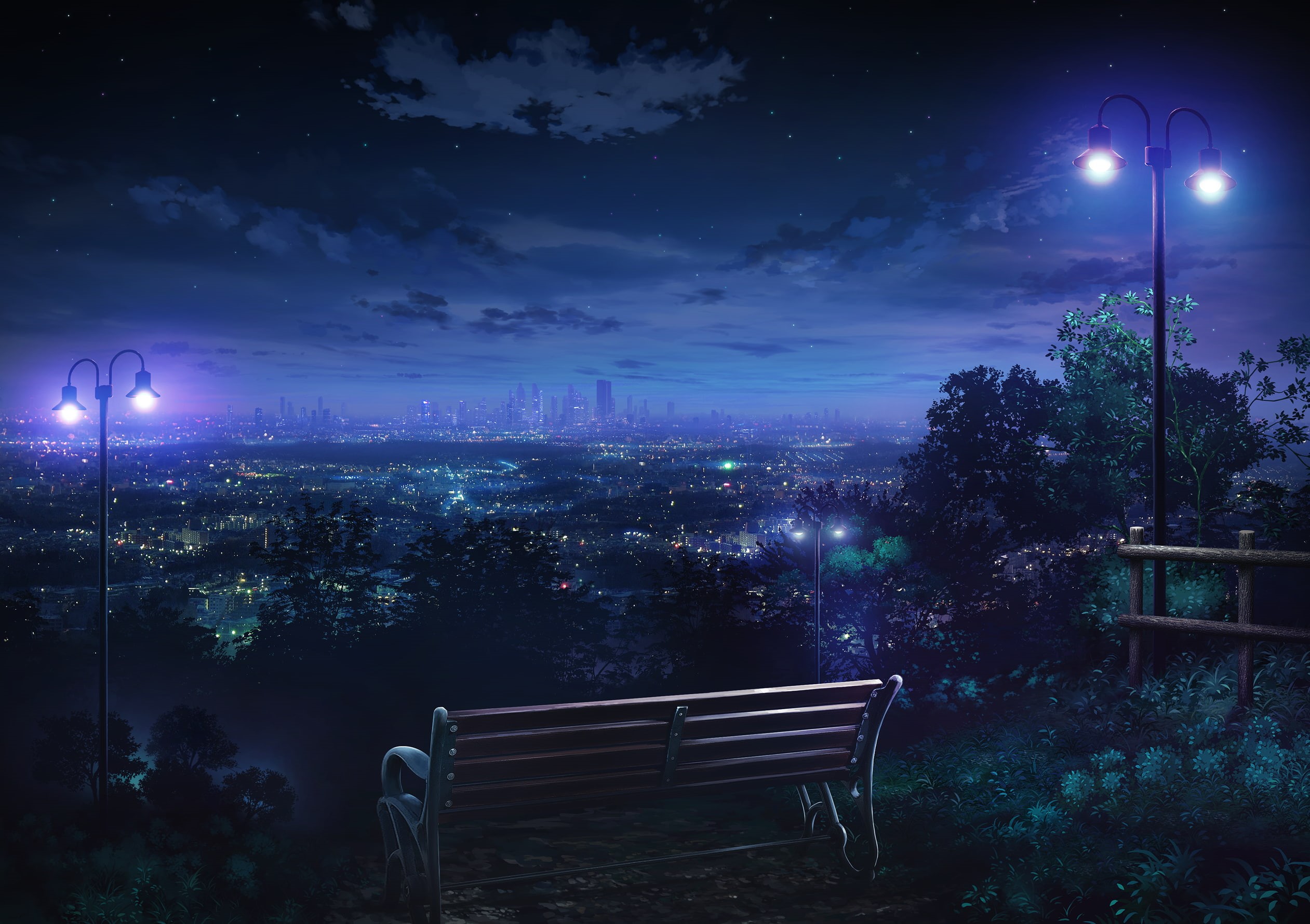 bench, skyline, landscape, 1080P, park, anime, cityscape, city lights, lantern, hills, night, HD Wallpaper