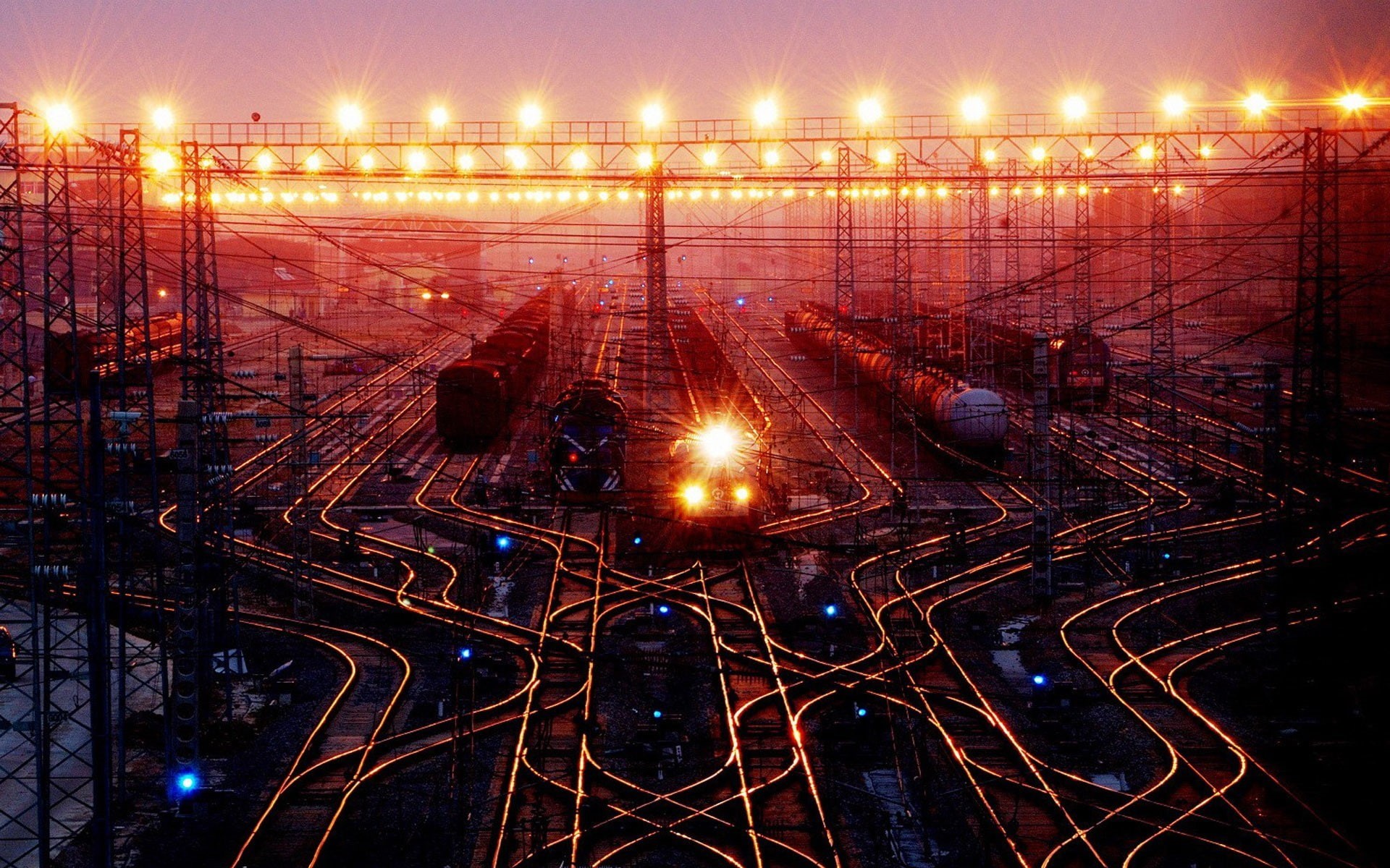 1080P, rail yard, digital art, train station, train, traffic lights, railway, lights, night, HD Wallpaper