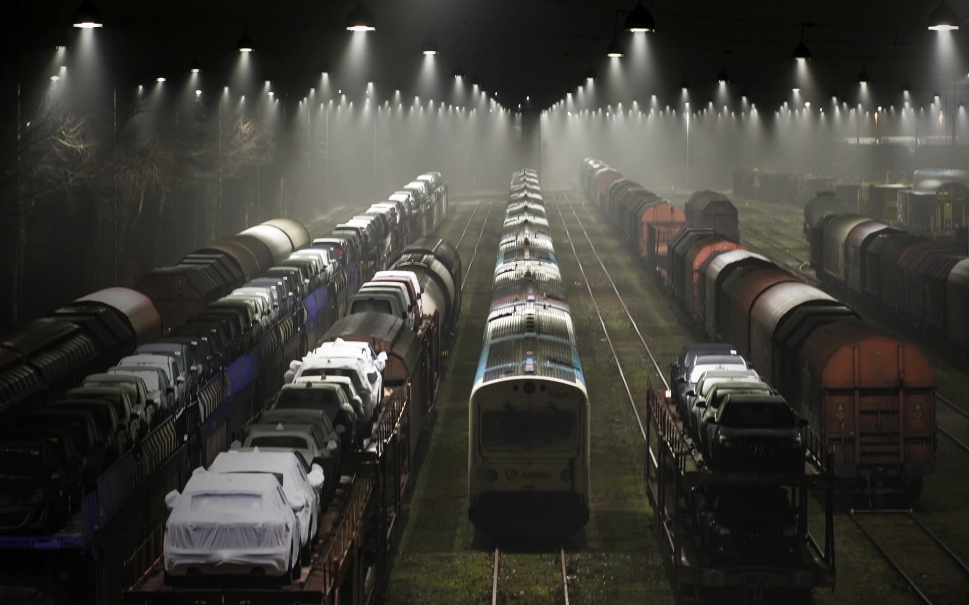 illuminated, no people, landscape, rail yard, grey, repetition, brown, lights, factory, Denmark, freight train, architecture, abundance, large group of objects, HD Wallpaper