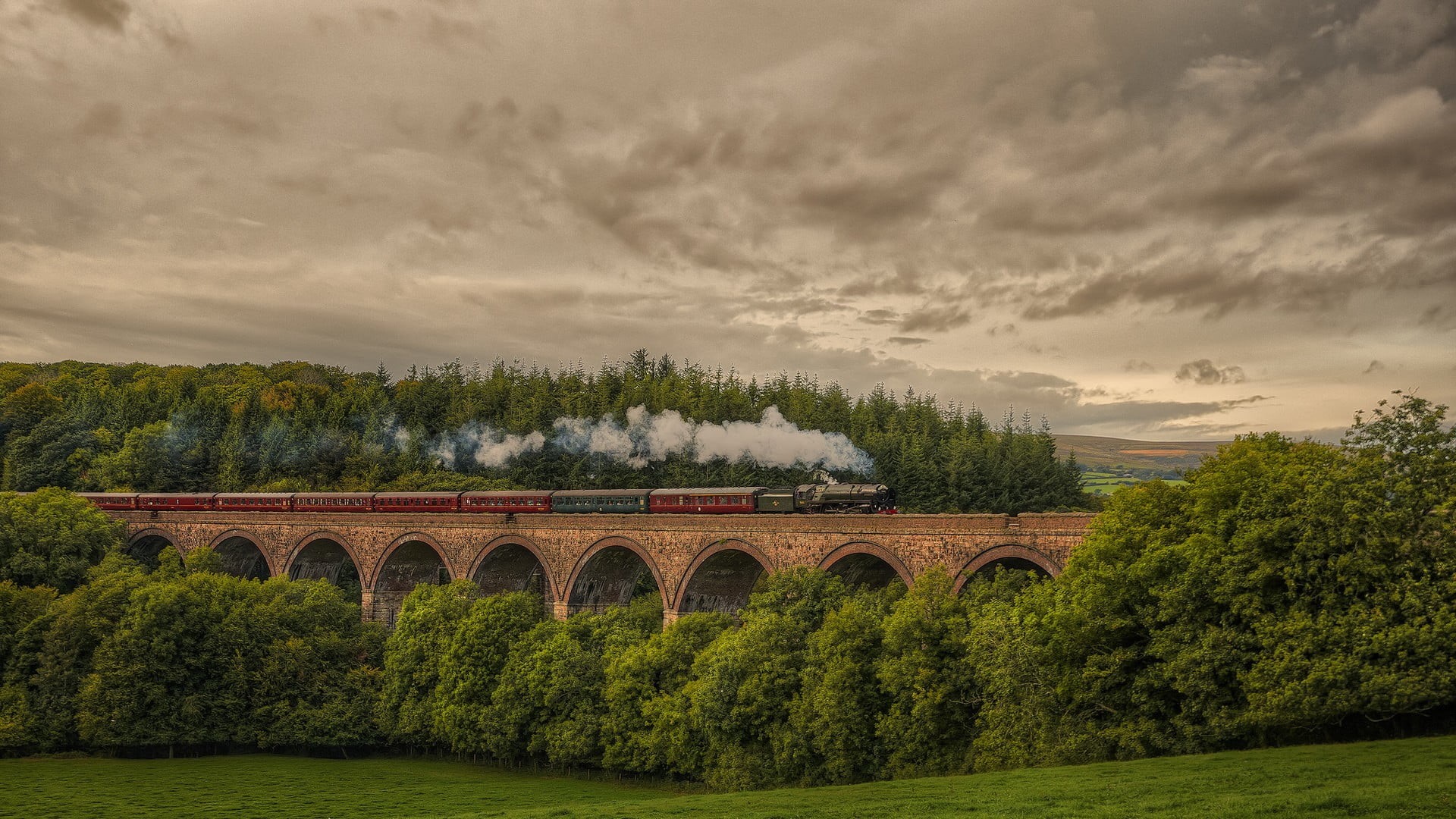 transportation, built structure, bridge, forest, viaduct, architecture, field, arch, clouds, landscape, railway, environment, smoke, outdoors, arch bridge, HD Wallpaper