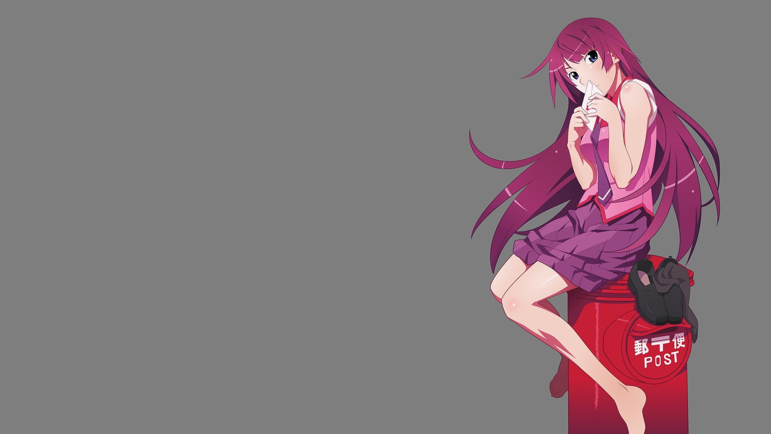 young adult, red, clothing, pink color, illustration, Monogatari Series, anime, school uniform, indoors, colored background, Senjougahara Hitagi, human body part, HD Wallpaper
