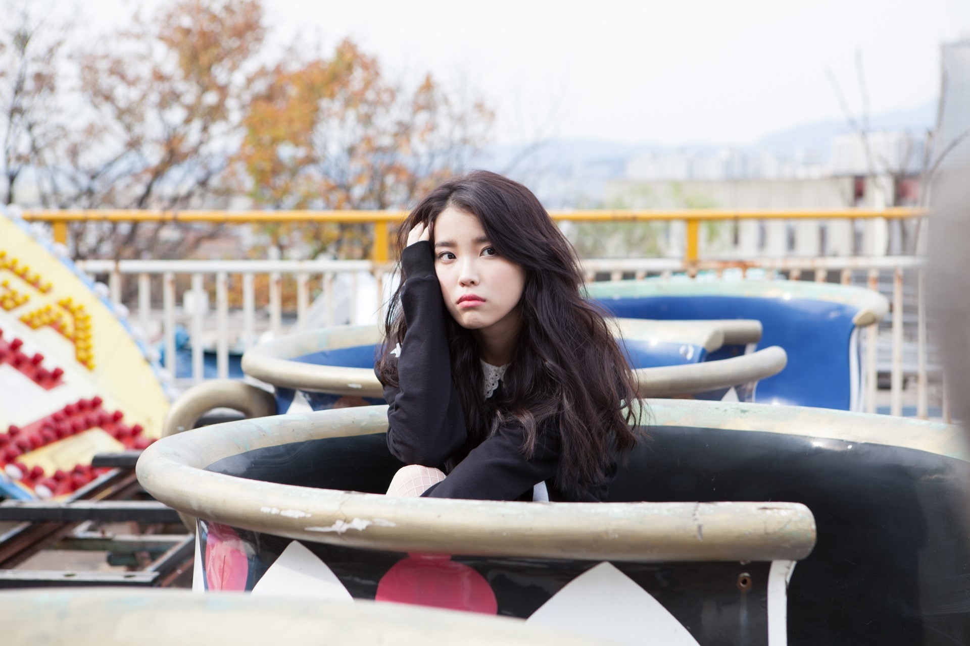 casual clothing, warm clothing, young adult, beautiful woman, iu, adult, 1080P, portrait, hair, hairstyle, railing, contemplation, outdoors, seat, nature, HD Wallpaper