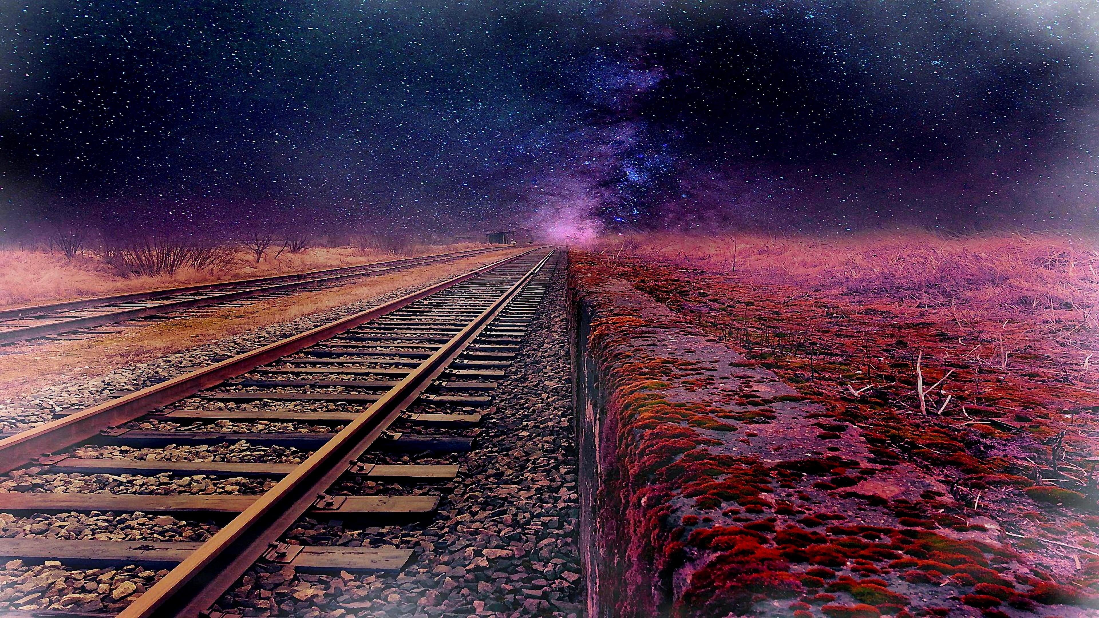 night stars, railroad, rails, track, starry night, fantasy landscape, railway, stars, milky way, night, night sky, tracks, 4K, HD Wallpaper