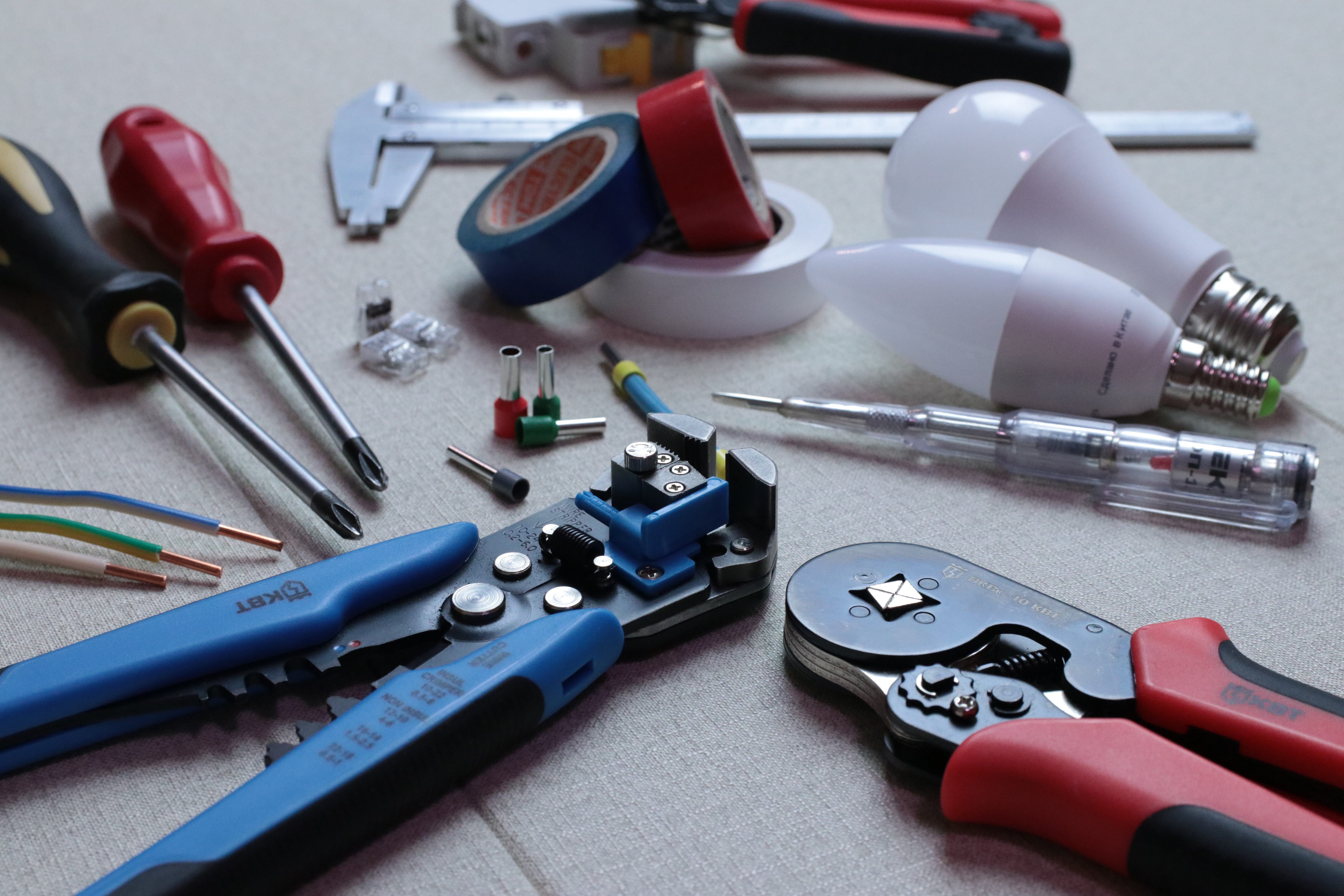tool, workshop, scissors, high angle view, manual, metal, construction, electrician, installation, close-up, tools, screwdriver, art and craft, 5K, no people, HD Wallpaper