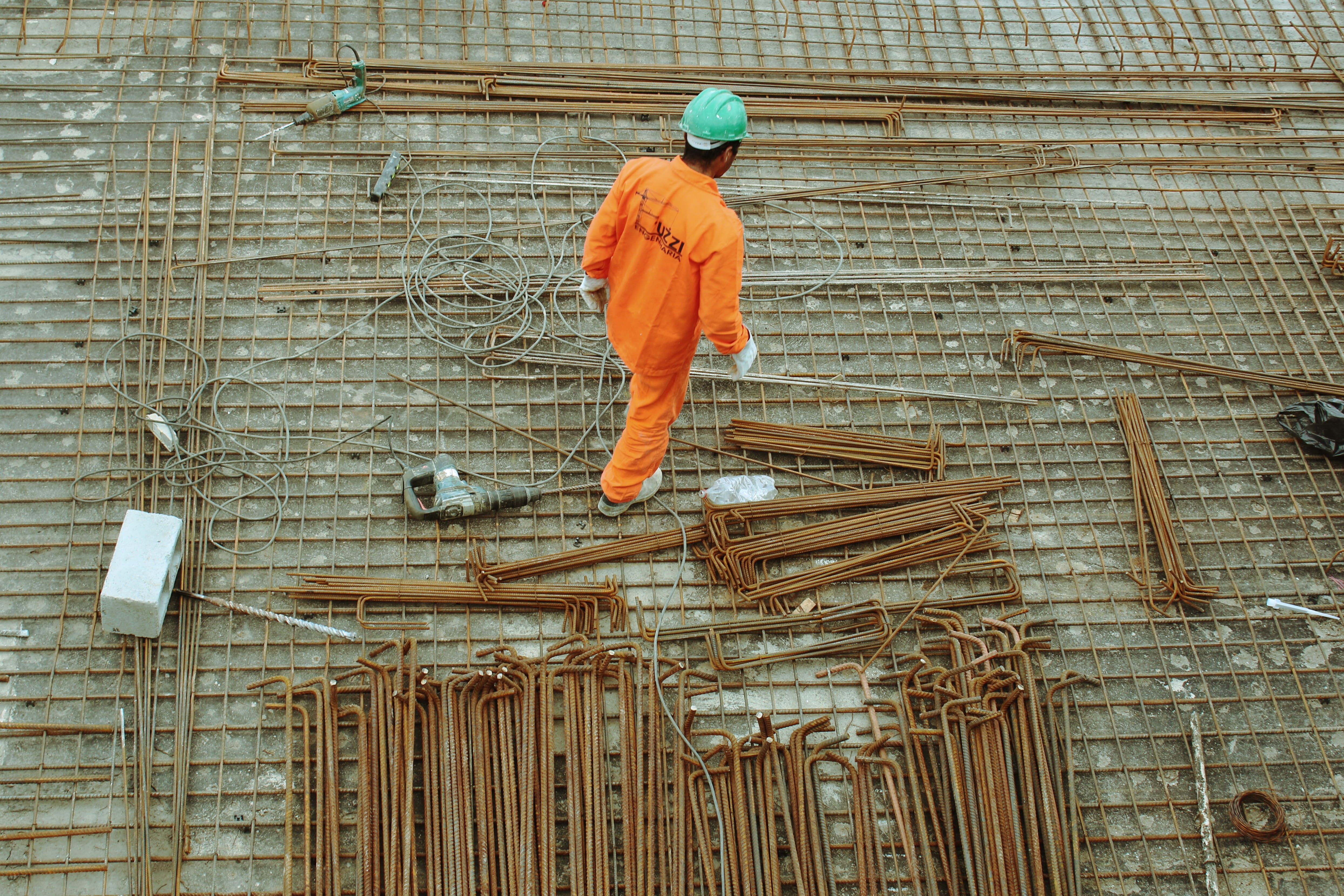 engineer, hard hat, suit, walking, teal, helmet, hardhat, protection, man, rods, ppe, headwear, manual Worker, safety, engineering, 4K, real people, construction Frame, HD Wallpaper