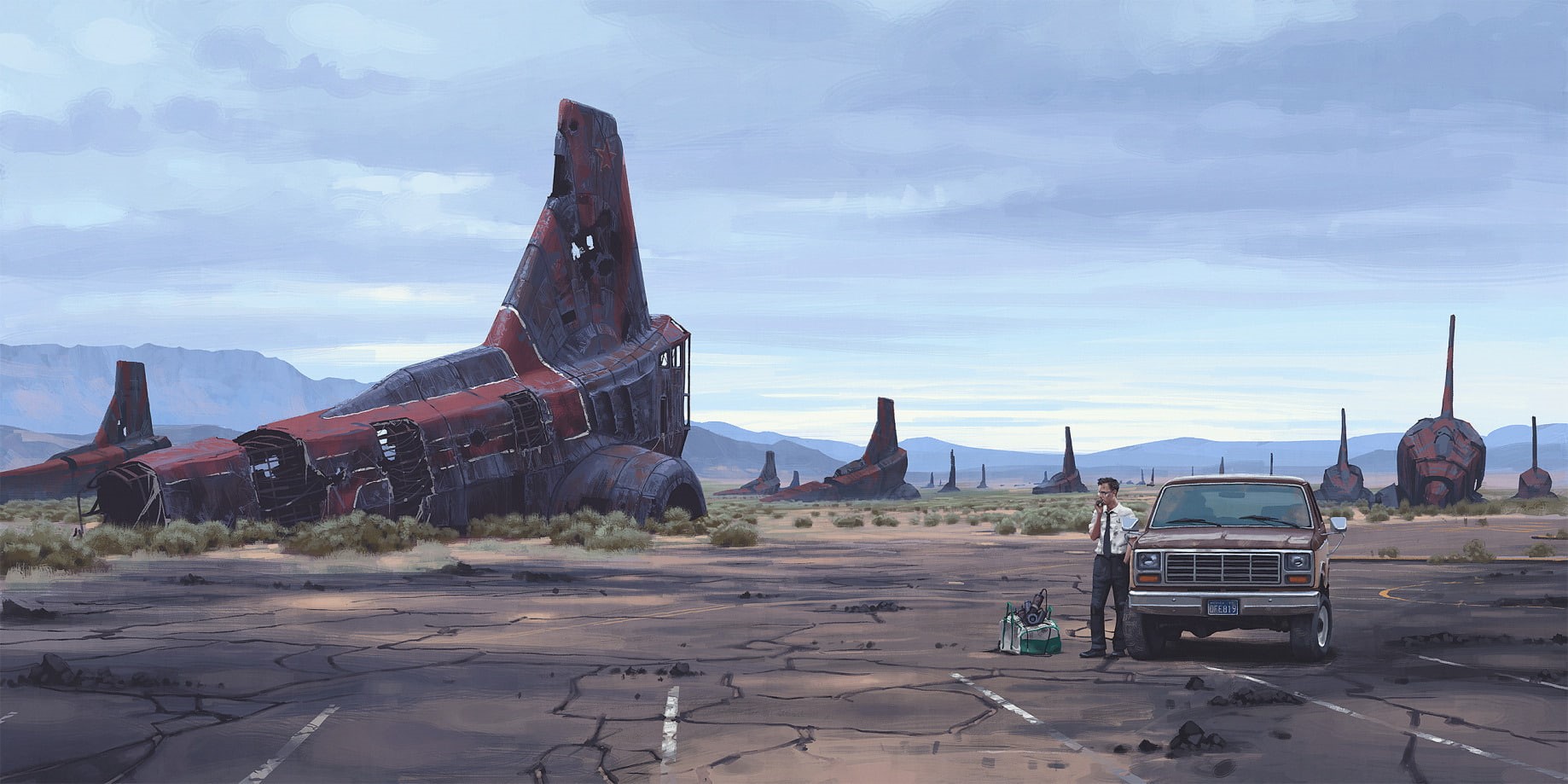 car, road, airplane, cloud - sky, abandoned, science fiction, Simon Stålenhag, architecture, illustration, land vehicle, mode of transportation, sky, air vehicle, HD Wallpaper