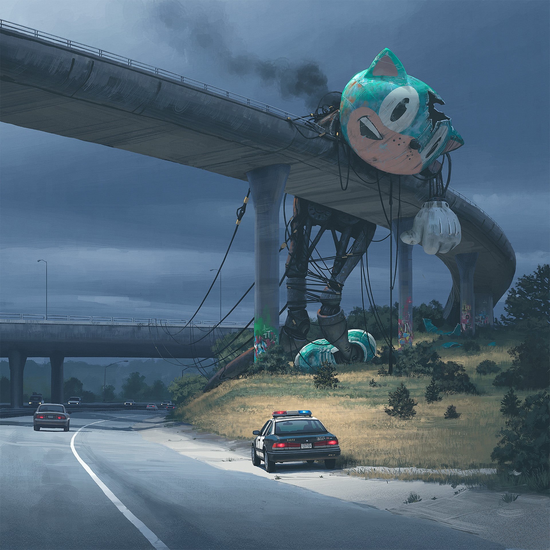 building exterior, road, city, bridge, representation, Simon Stålenhag, architecture, 1080P, car, transportation, land vehicle, motion, digital composite, Phone HD Wallpaper