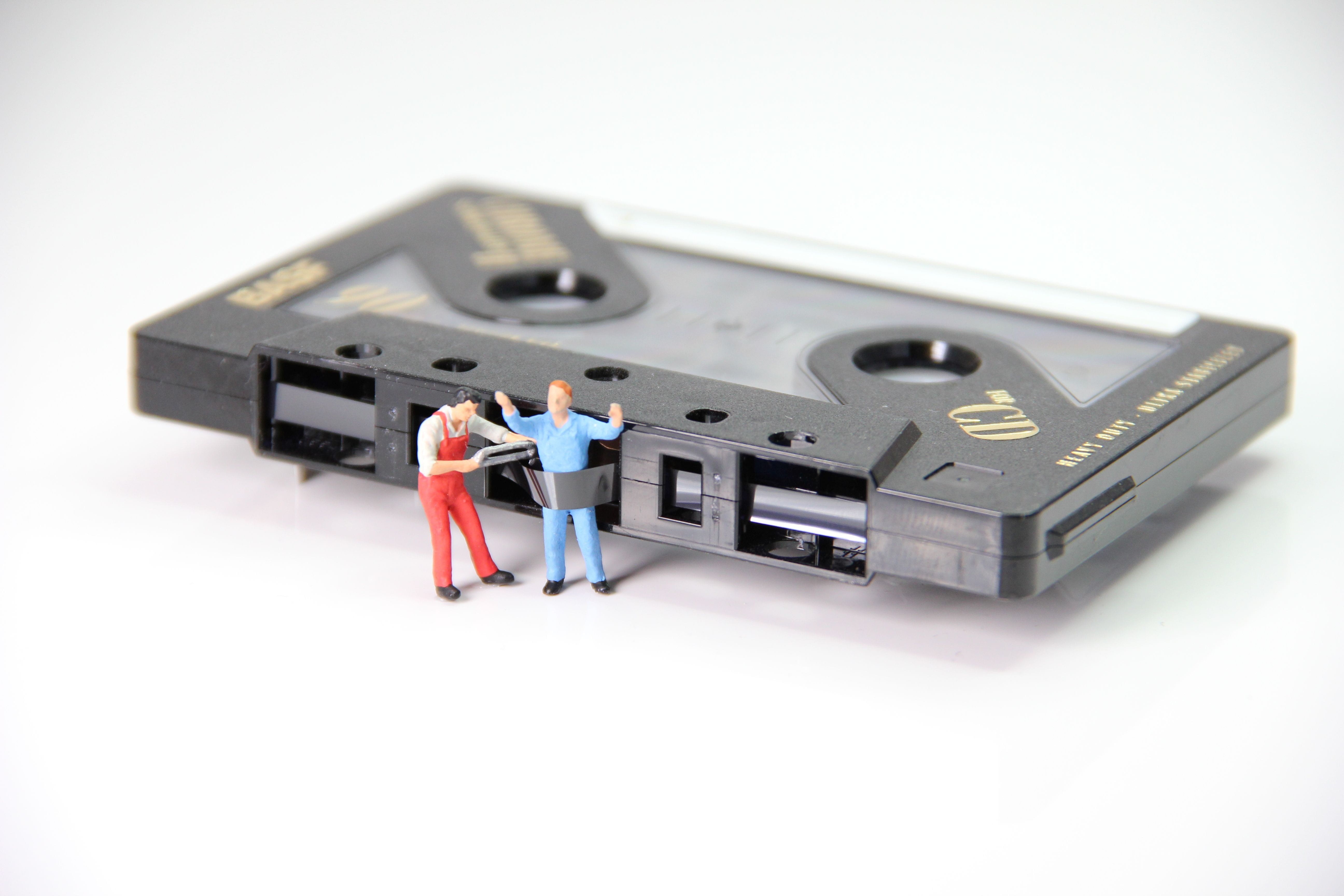adult, technology, industry, little man, music cassette, h0, indoors, caught, standing, men, equipment, miniature, model construction figure, humorous, HD Wallpaper