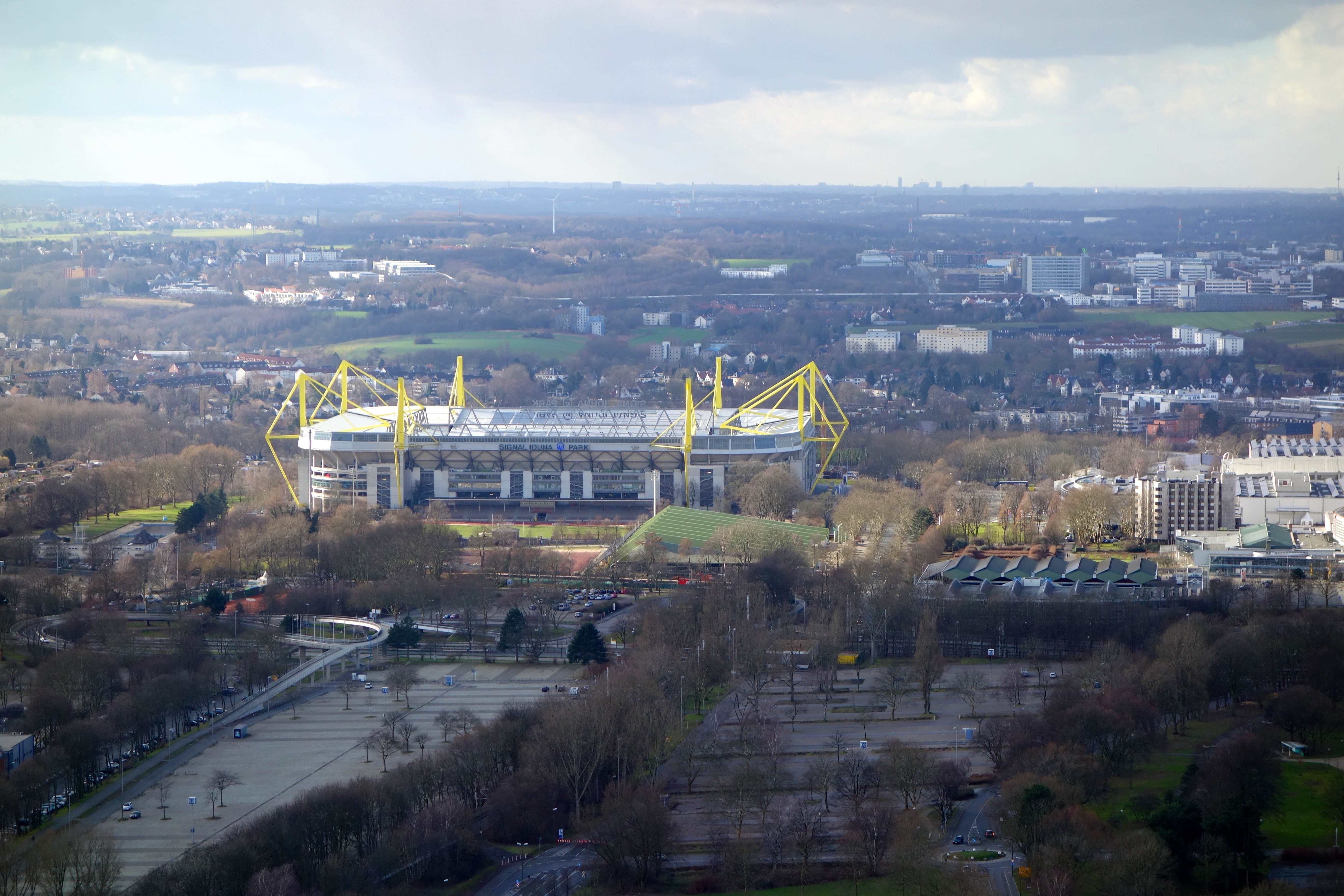concrete, trees, football stadium, residential district, city, nature, white, borussia, outdoors, football, tree, plant, travel destinations, cityscape, HD Wallpaper