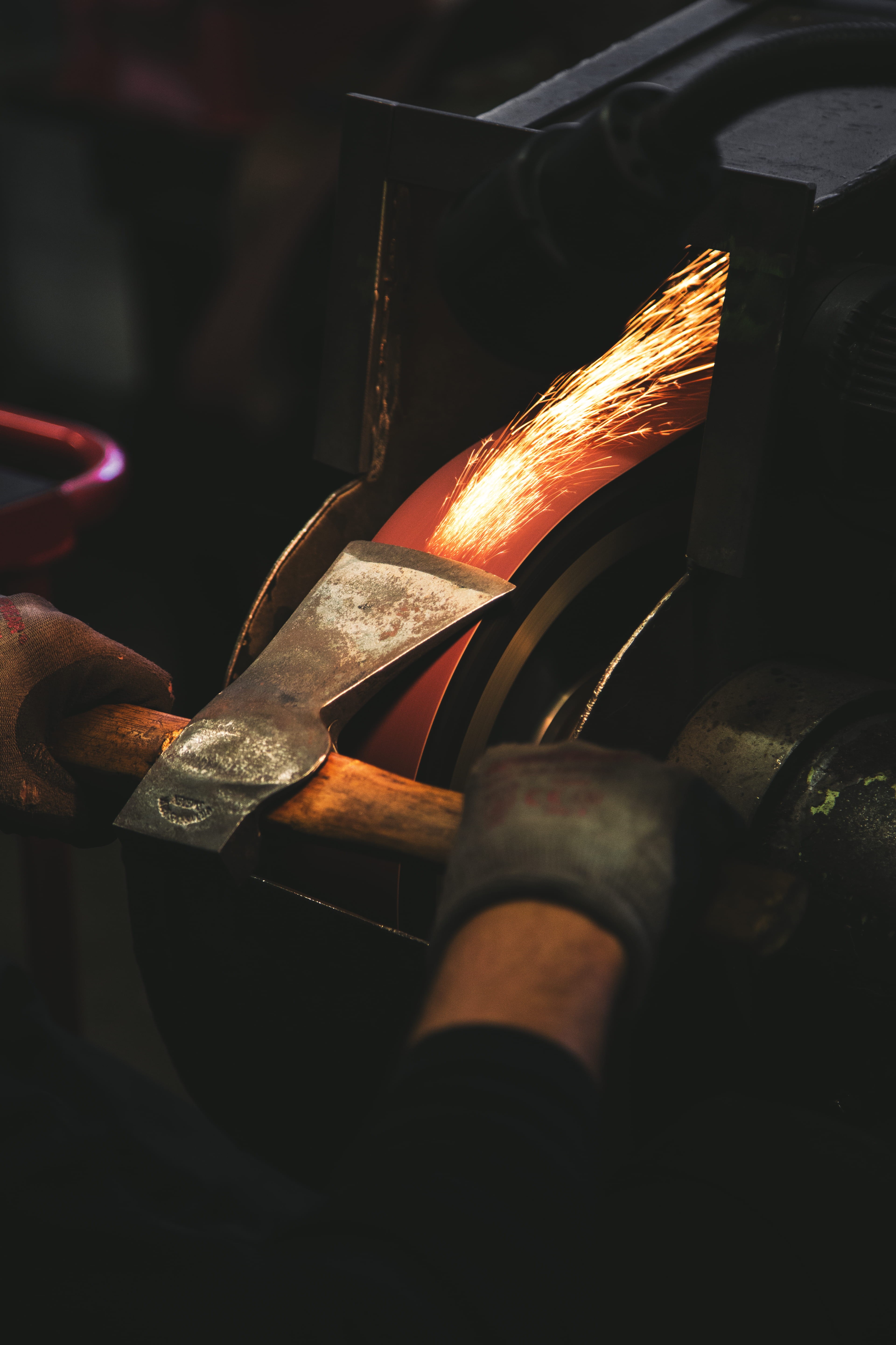 spark, human hand, grinding, metal work, close-up, workshop, 5K, machine, fire, person, sand, machinery, indoors, one person, sander, iron, axe, sharpening, Phone HD Wallpaper