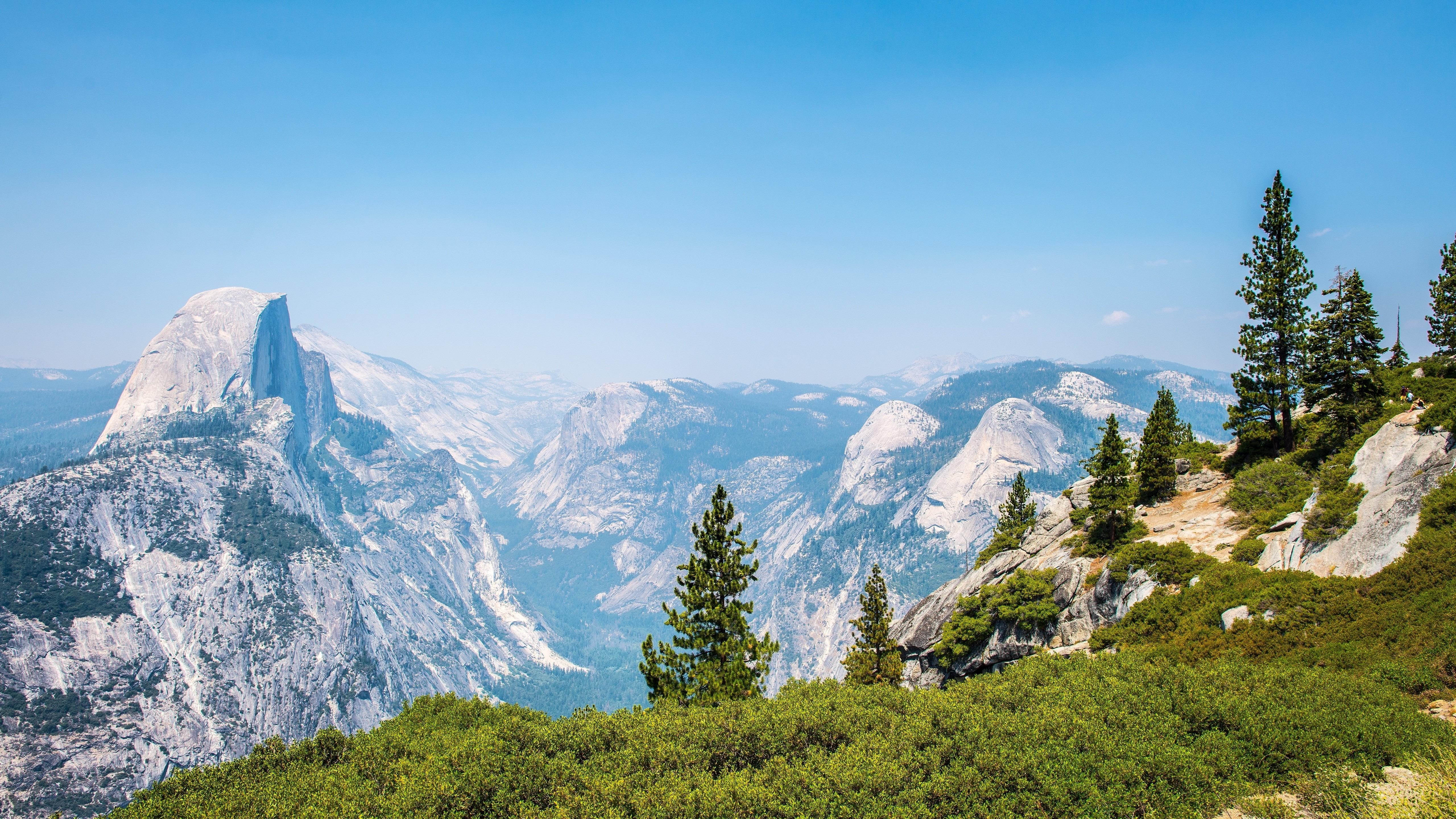 woody plant, 5K, mountain, yosemite valley, viewpoint, panorama, tree, glacier point, sky, half dome, national park, 5k, vista, nature, view, 5k uhd, hill station, HD Wallpaper