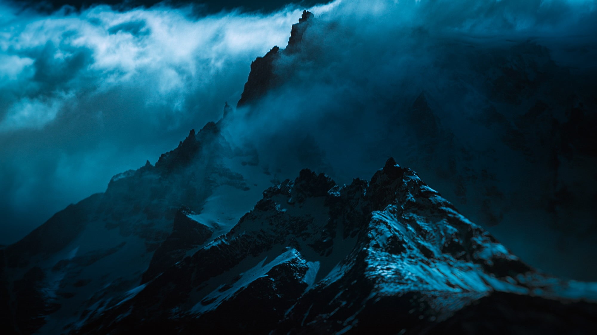 mist, mountains, snowy mountain, dark, summit, 1080P, HD Wallpaper