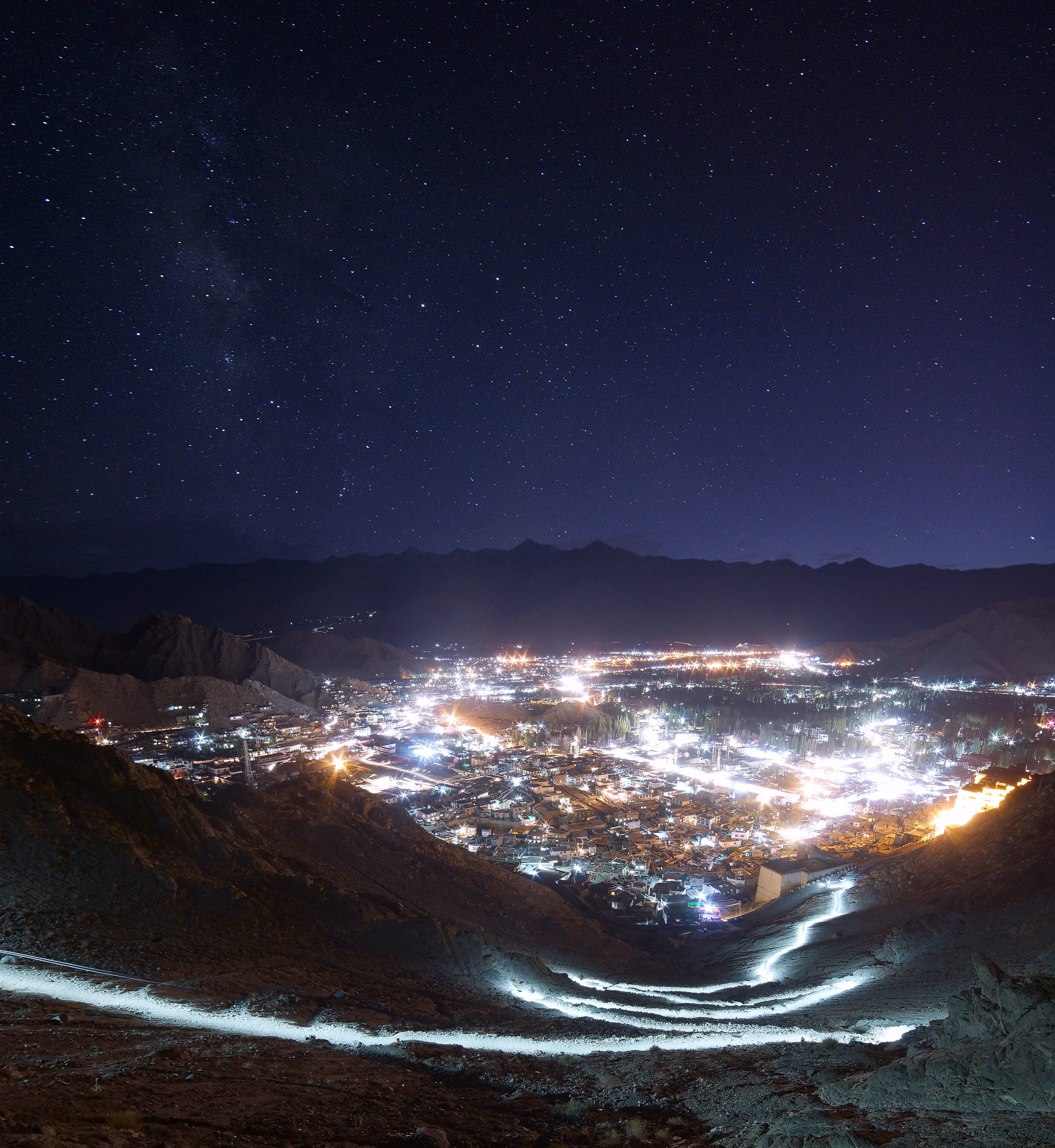 night, outdoors, stars, desert, space, tranquility, sport, space and astronomy, ladakh vacation, 5K, nature, land, glowing, star - space, galaxy, ride, Phone HD Wallpaper