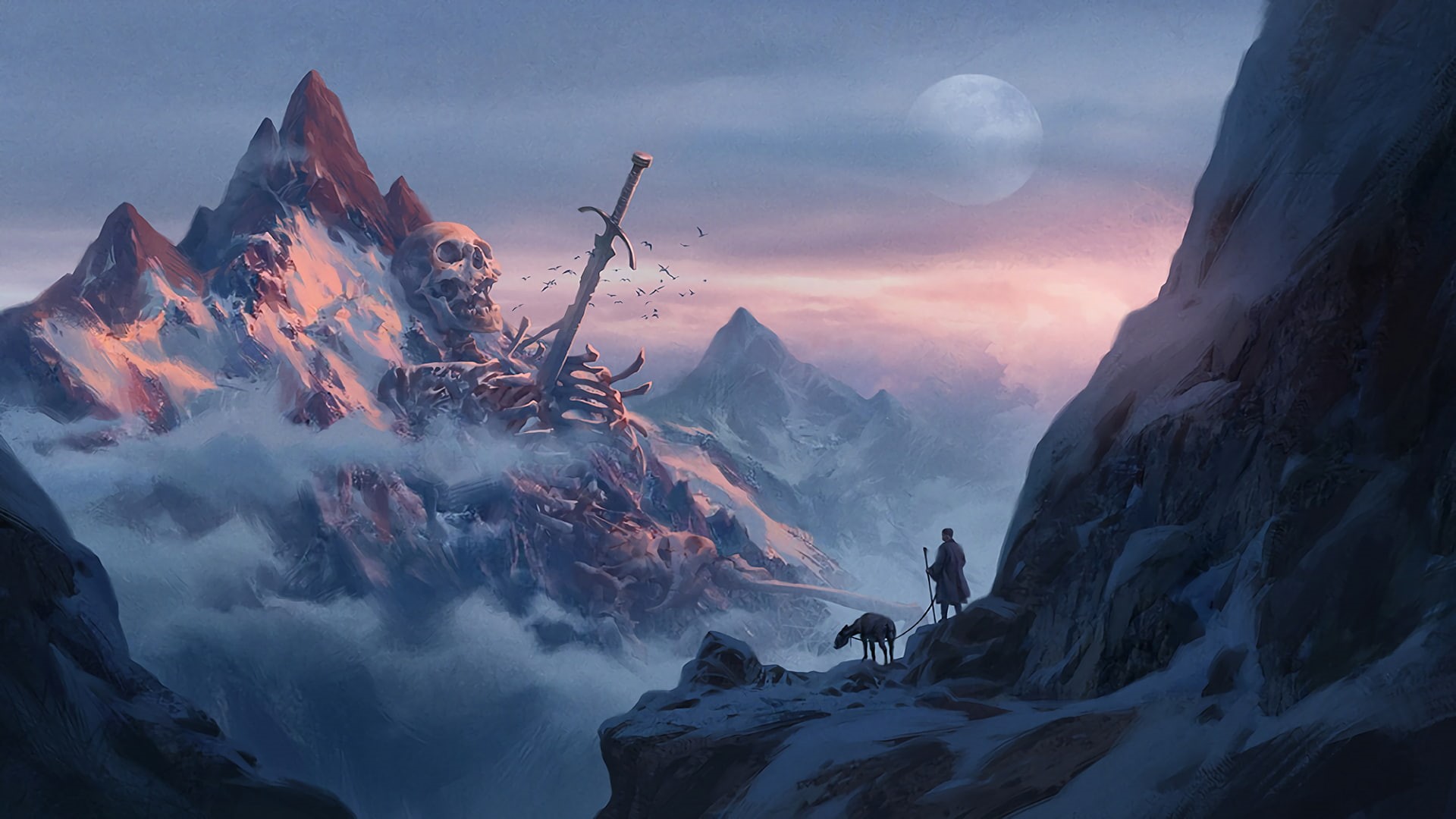clouds, mist, skull, fantasy art, 1080P, sword, skeleton, bones, giant, mountains, snow, HD Wallpaper