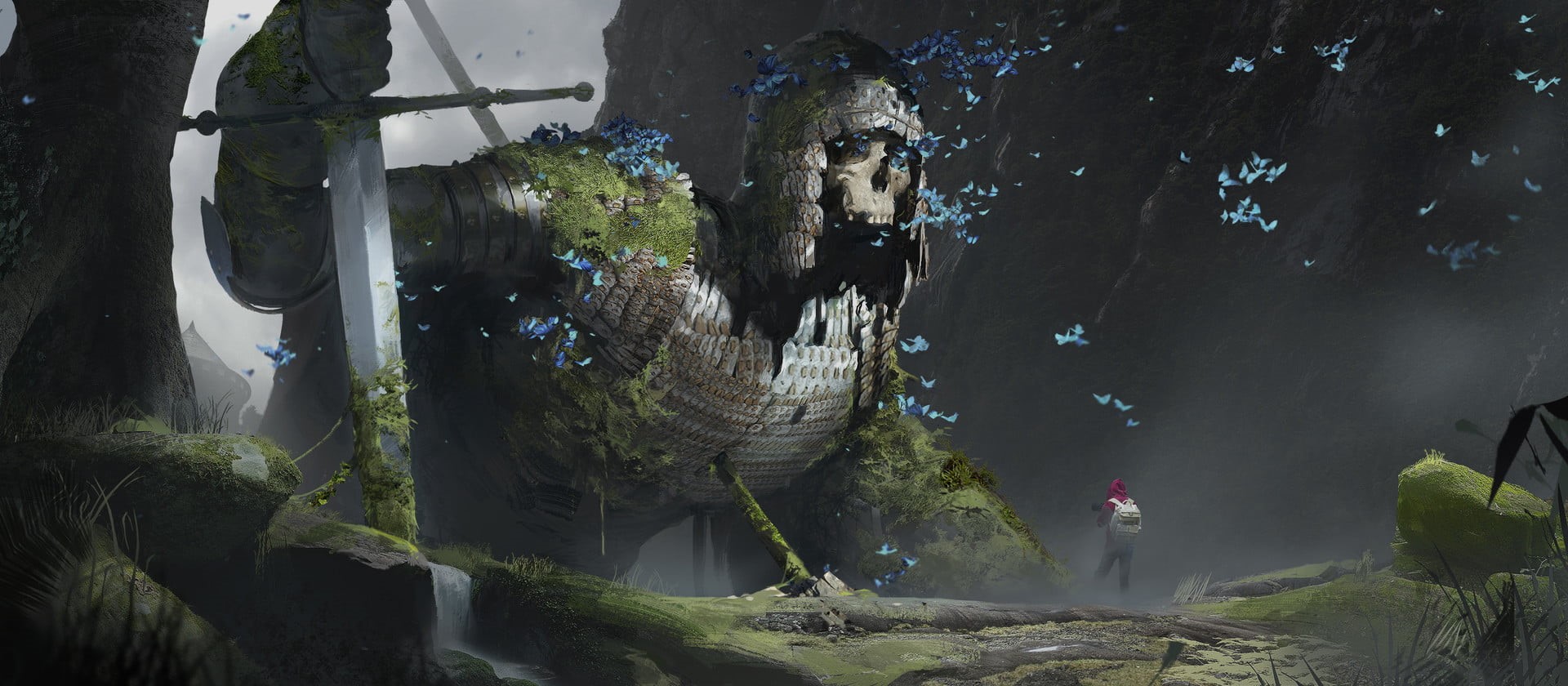 giant, mist, architecture, women, incidental people, fantasy art, tree, one person, representation, outdoors, water, Armored, moss, sculpture, skull, skeleton, HD Wallpaper