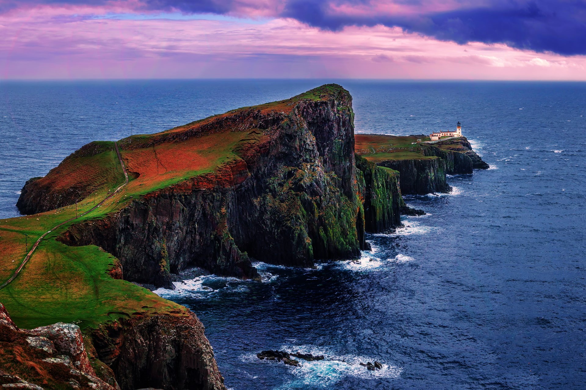 Scotland, non-urban scene, horizon over water, Isle of Skye, eroded, nature, horizon, lighthouse, no people, beach, sky, rock formation, body, cliff, outdoors, HD Wallpaper