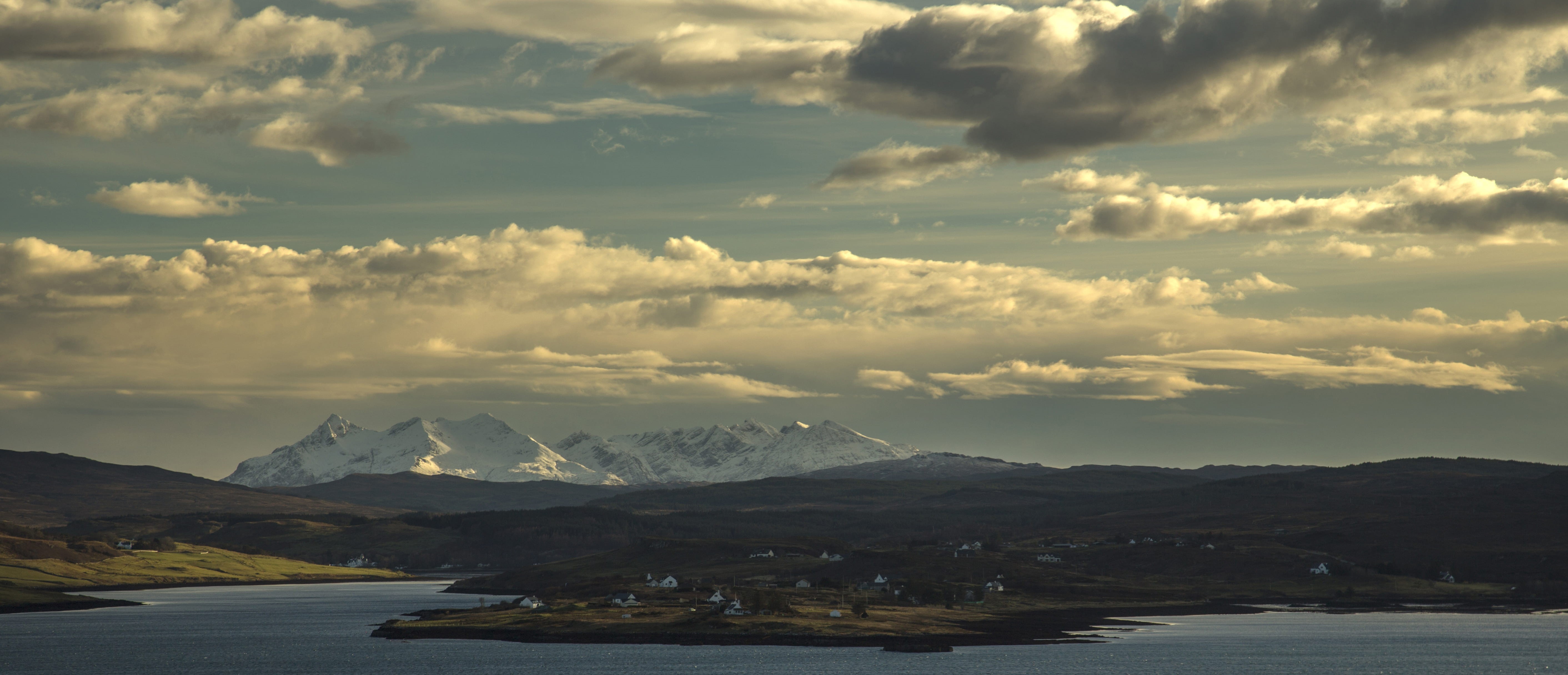snow, scotland, mountain range, skye, sea, nature, landscape, environment, sky, 5K, water, winter, scenics - nature, road, tranquil scene, cuillin, dramatic sky, HD Wallpaper