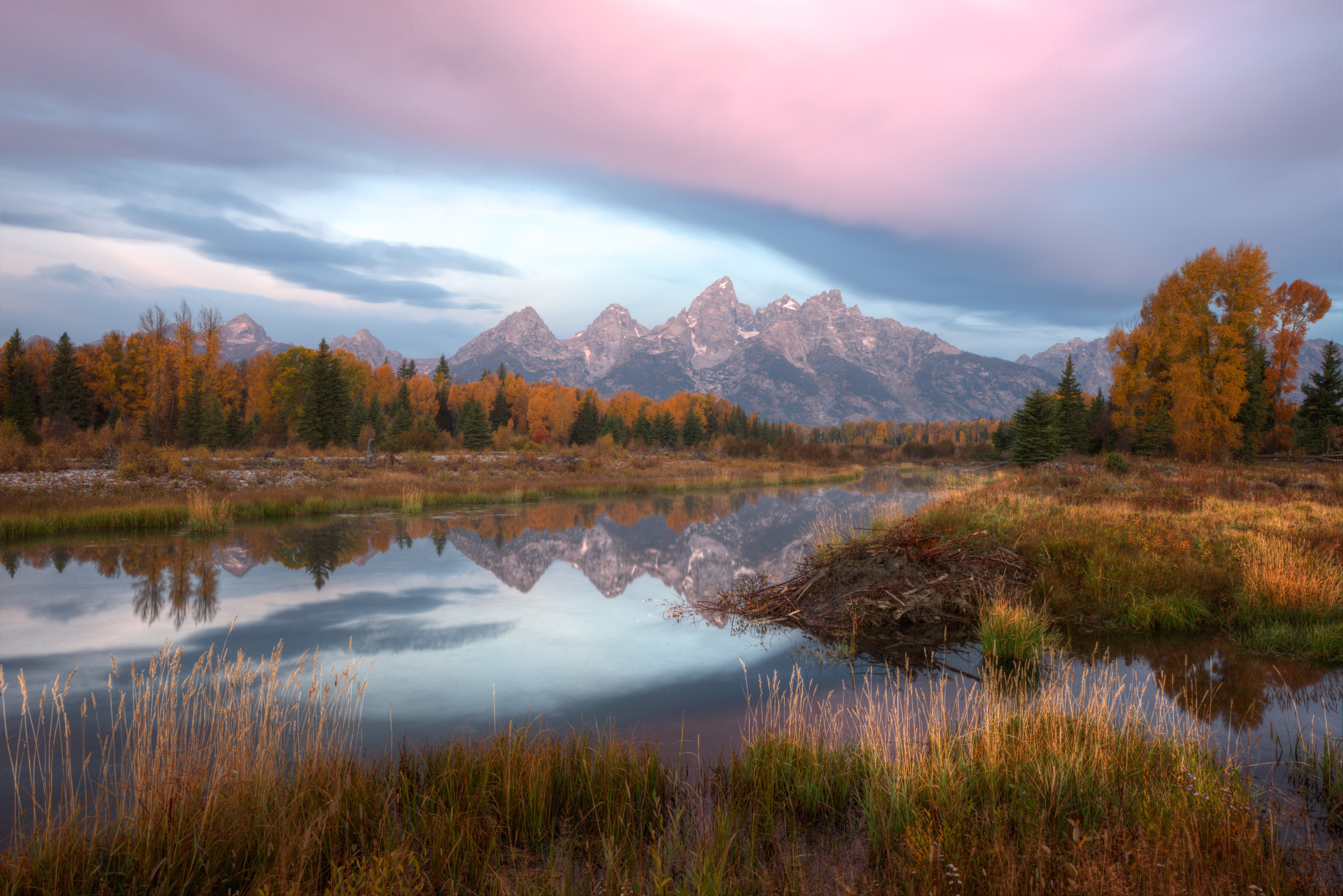 water, fall  colors, brown, national, trees, Sunrise, park, reflections, daytime, reflection, scenics, brown mountain, pond, lake, Landing, Schwabacher, HD Wallpaper