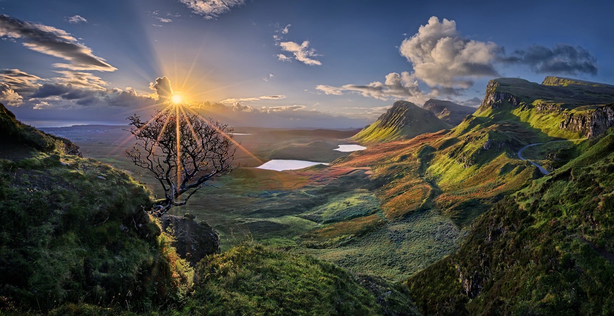 land, bright, Scotland, scenics - nature, sunset, island, forest, panoramas, nature, rock - object, beauty in nature, shrubs, sunbeam, cloud - sky, environment, HD Wallpaper