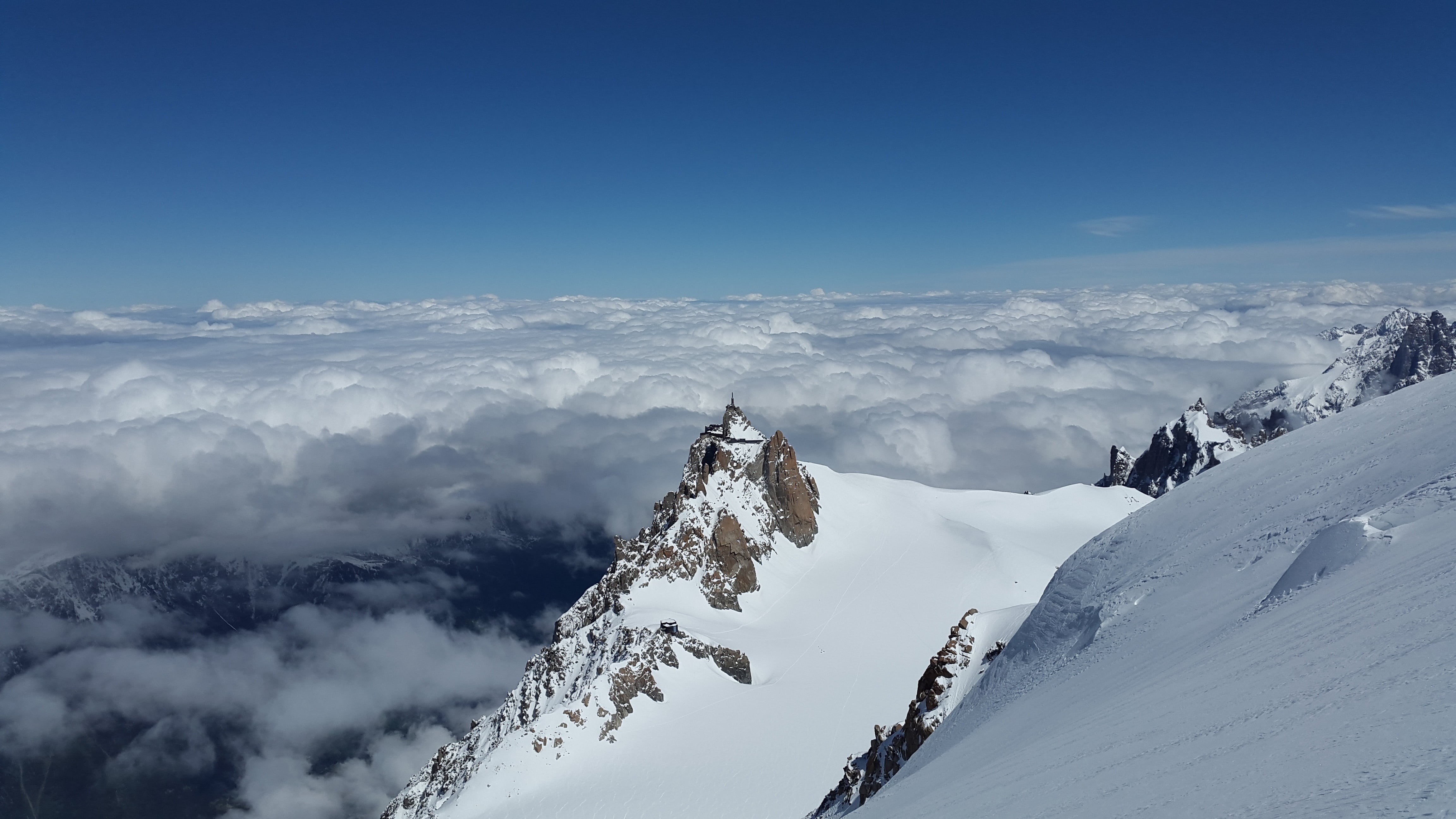 travel, weather, mountain, wintry, alpine, mountain peak, france, mountain range, cold temperature, fog, no people, high mountains, cloud - sky, aiguille du midi, HD Wallpaper