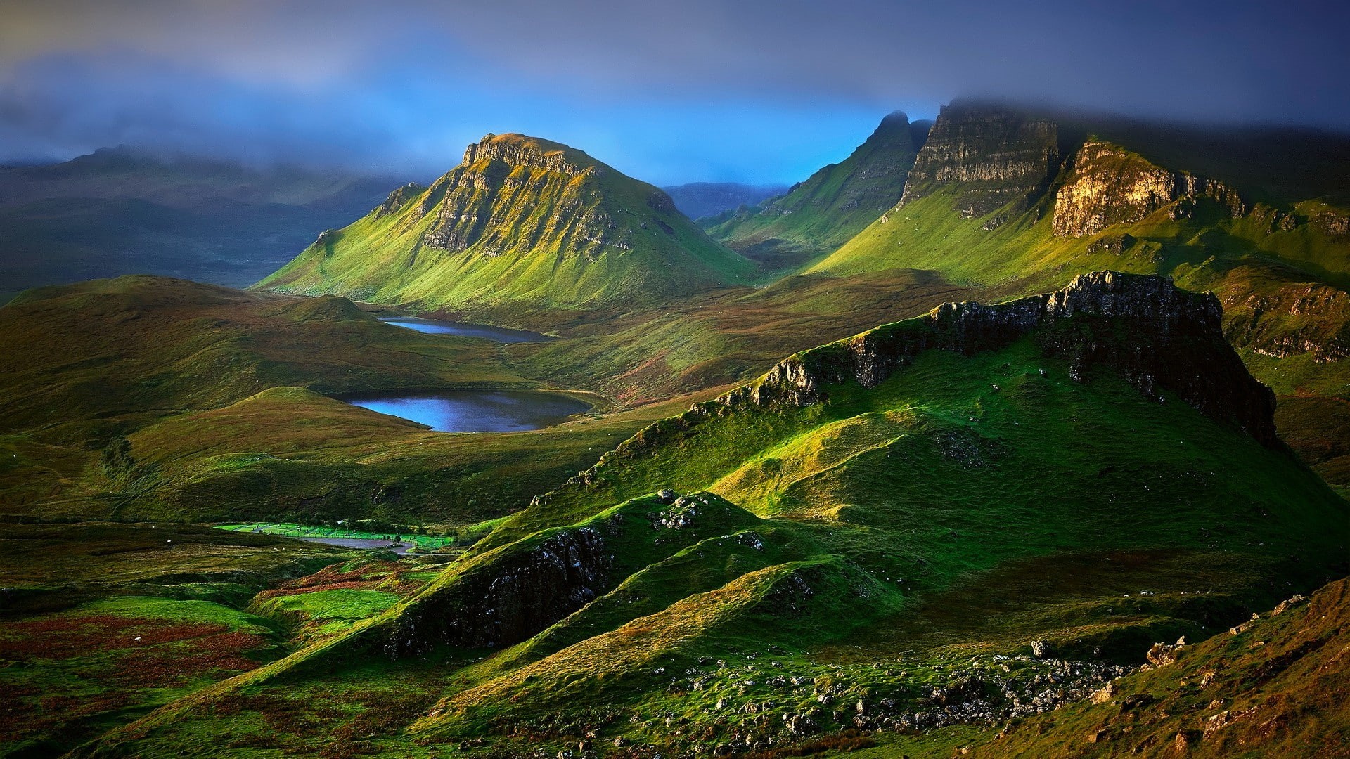 UK, 1080P, mountains, clouds, nature, rock, Scotland, landscape, lake, grass, Skye, hills, HD Wallpaper